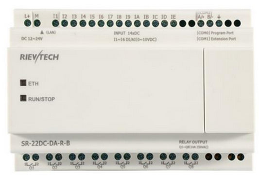 PLC SR-22DC-DA-R-B, 14 entradas (6 análogas 0-10V), 8 salidas relé, sin LCD, alimentación DC12-24V/AC24V, Rievtech