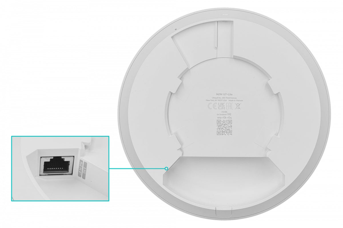 U7-LITE. UI Punto de acceso WiFi 7 de doble banda 2,4/5 GHz con velocidad agregada de 5 Gbps, configuración 2x2, puerto de 1 a 2500 Mbps, ganancia de antena de 4/5 dBi, requiere PoE++ de 30 W, consumo de 13 W, UBIQUITI