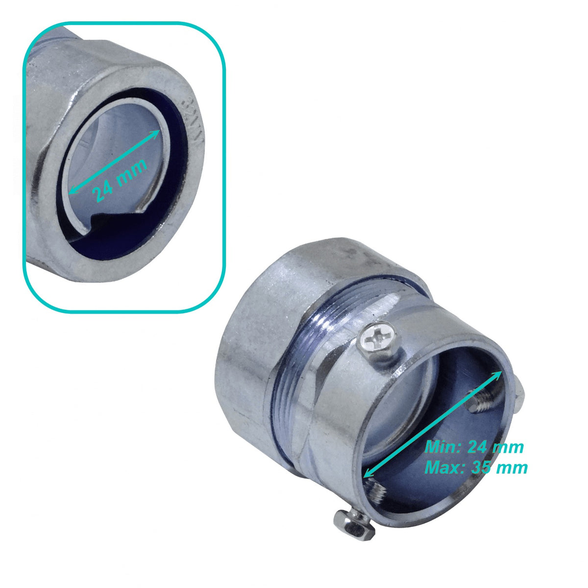 MEMT32 Conector metálico de unión EMT a conducto flexible de 32mm, rango 24-35mm a 24mm