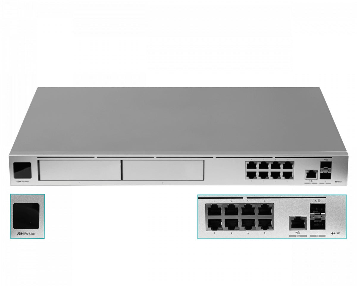 UDM-PRO-MAX. Puerta de enlace UniFi Cloud con 128 GB, puertos 8×1 Gbps, 1×2.5 Gbps, 2×SFP+ de 10 Gbps, 2 bahías para discos de 2,5"/3,5", modelo UDM-PRO-MAX-EU, marca Ubiquiti.