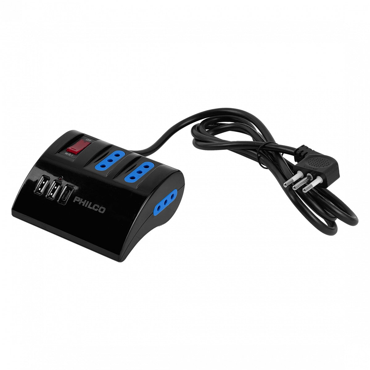 2044N PHILCO Negro Alargador 1,5mt 3-enchufes 2-USB5V 1-USB-C 15W 10A-250V