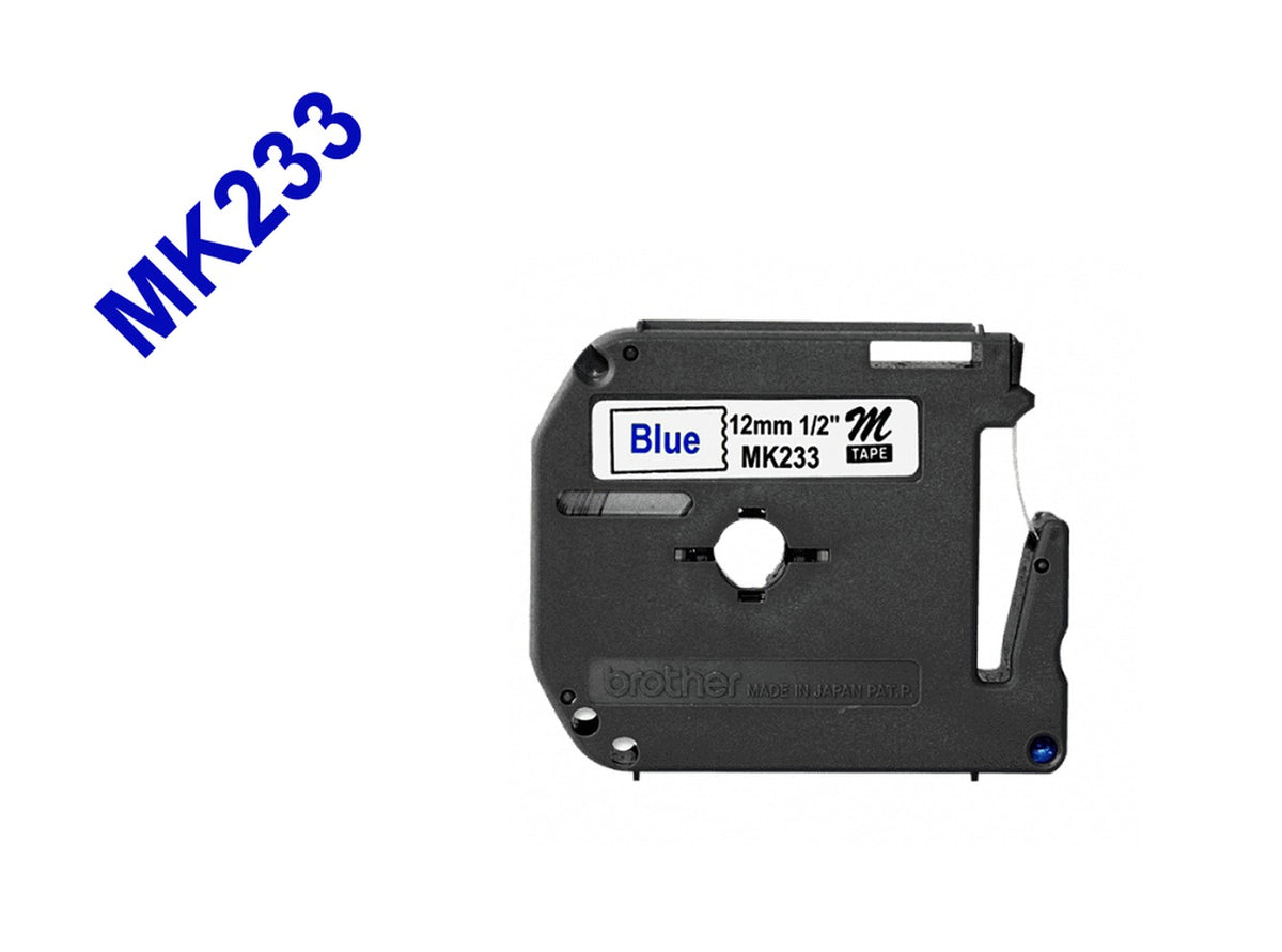 MK233 BROTHER Cartucho de Cinta de 12mm Azul sobre Blanco 8 Metros para Rotuladora PT-90