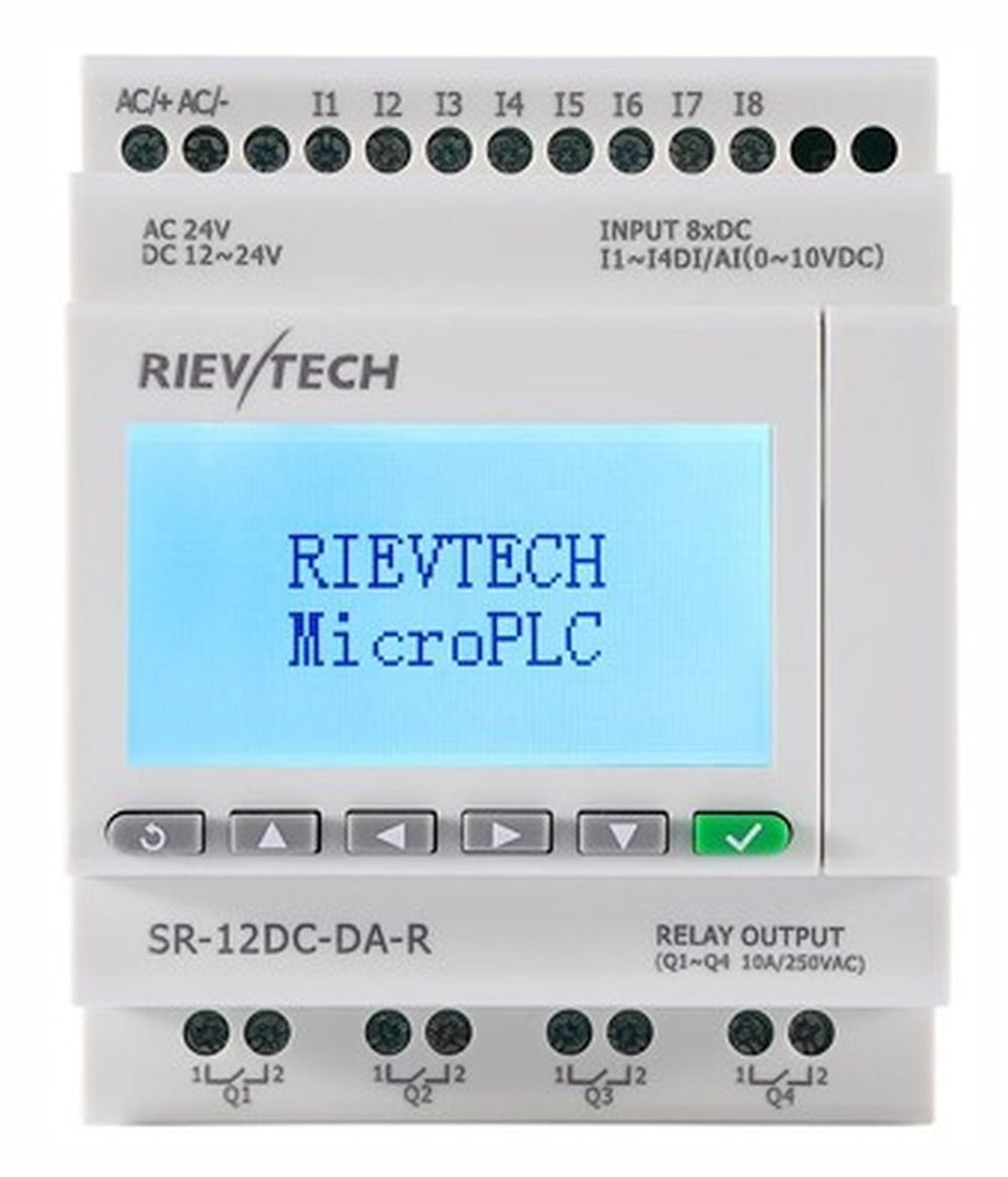 PLC compacto SR-12DC-DA-R, 8 Entradas (4 Análogas 0-10V), 4 Salidas Relé, Alimentación DC12-24V/AC24V, Rievtech