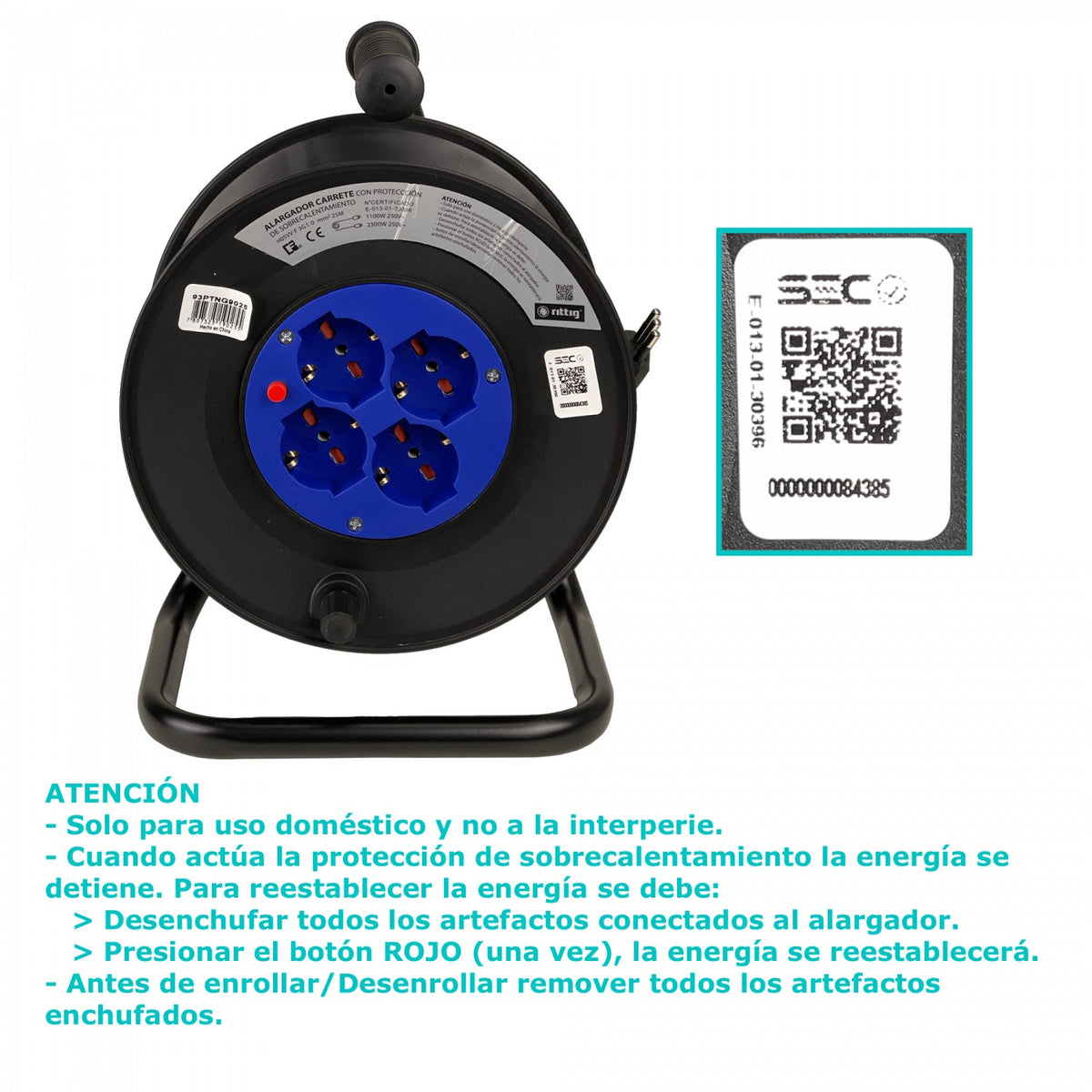 ALARG-425 RITTIG 25mts Extensión con Carrete 4-Tomas Universales-H 1-16A-IM 250V Resguardo