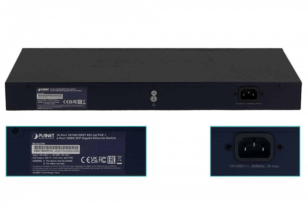 GSW-1820HP PLANET 16-1000-PoE48+af/at 240W-total 2-SFP Conmutador no administrable Bastidor V2