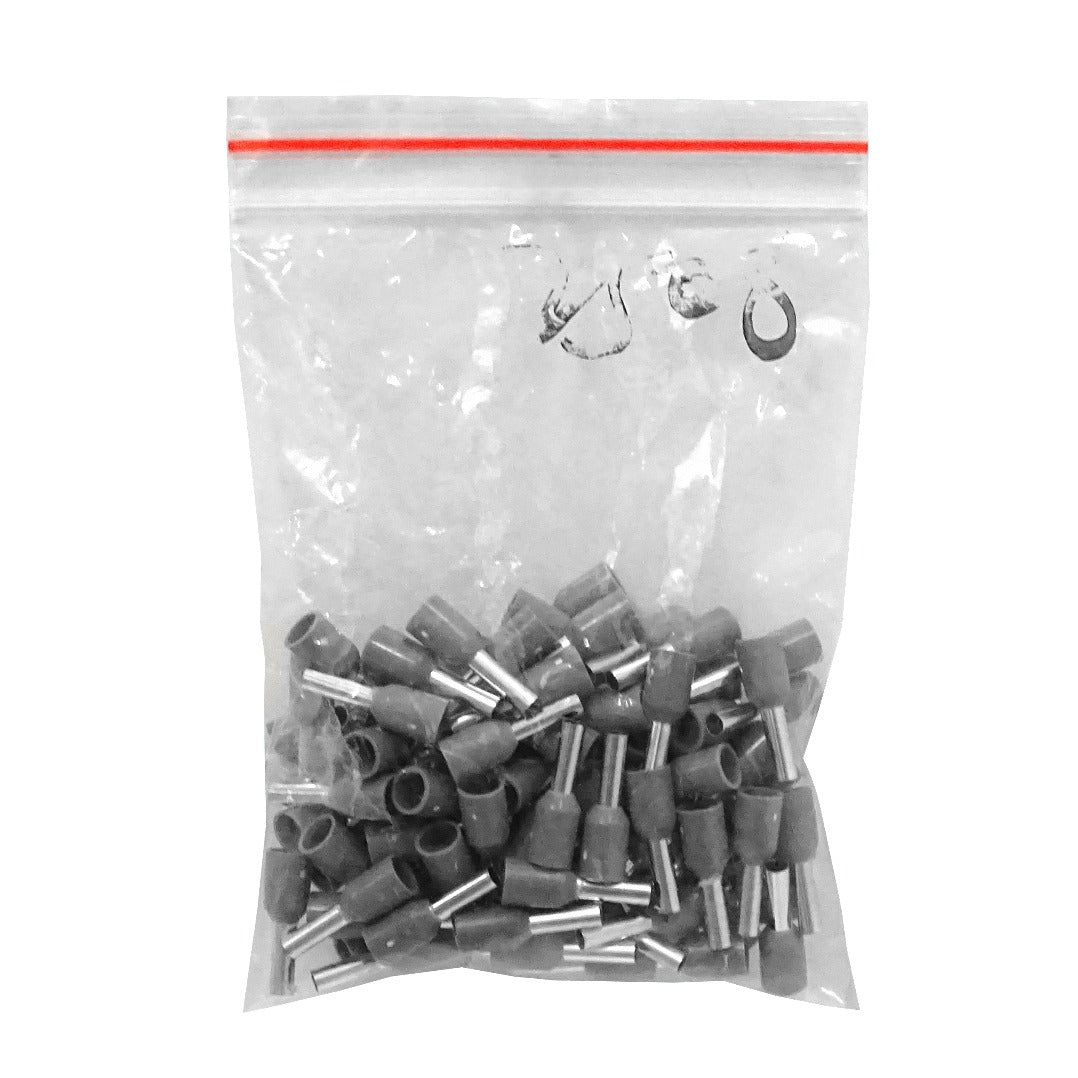 E2508-G. Color gris, sección 2,5 mm², longitud 8/15 mm, paquete de 100 unidades, calibre AWG14, punteras terminales aisladas para crimpado.