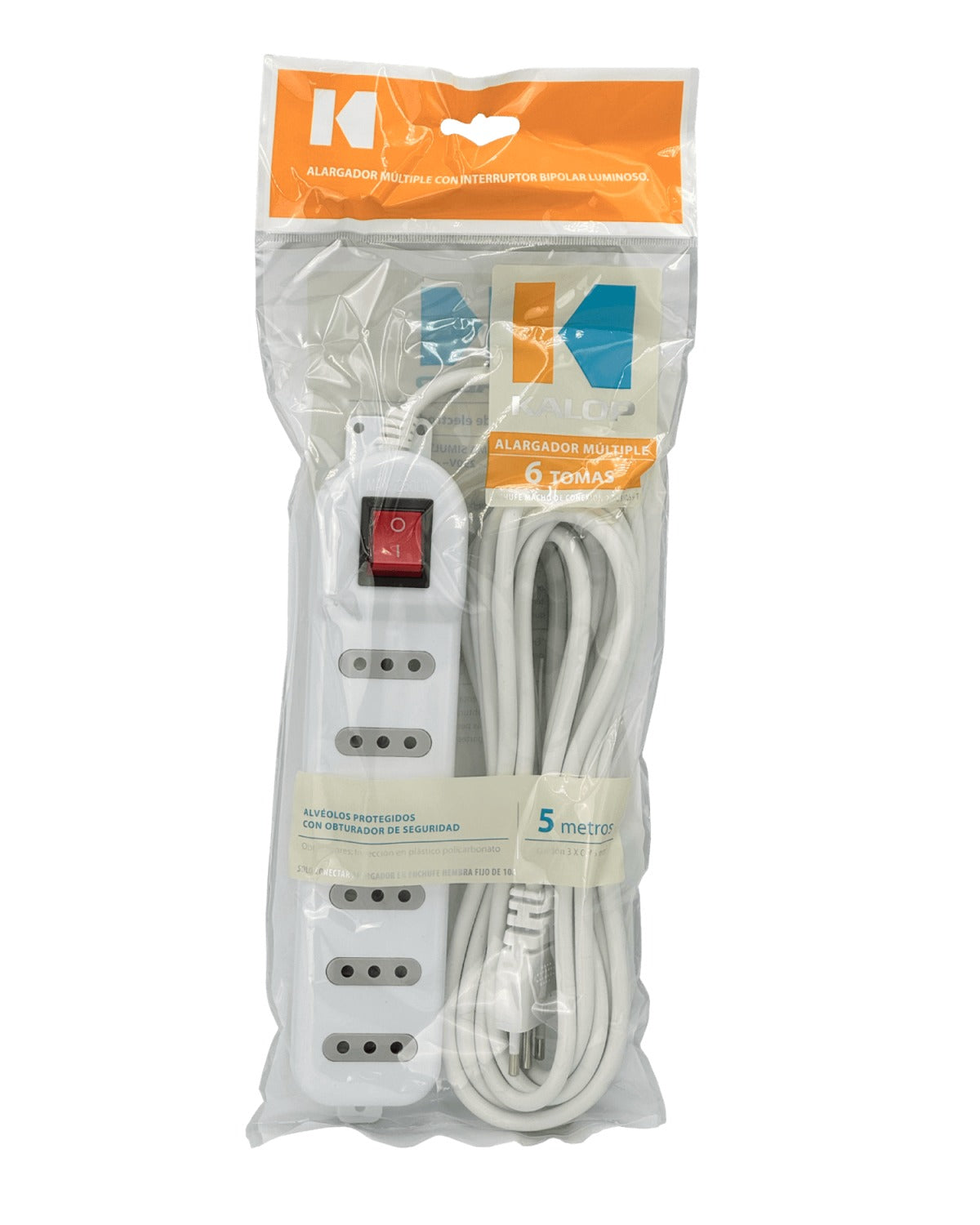 ELG-65K KALOP 5 metros 6-Tomas Prolongador Color Blanco 10A Regleta con Luz-Testigo Interruptor KL50234