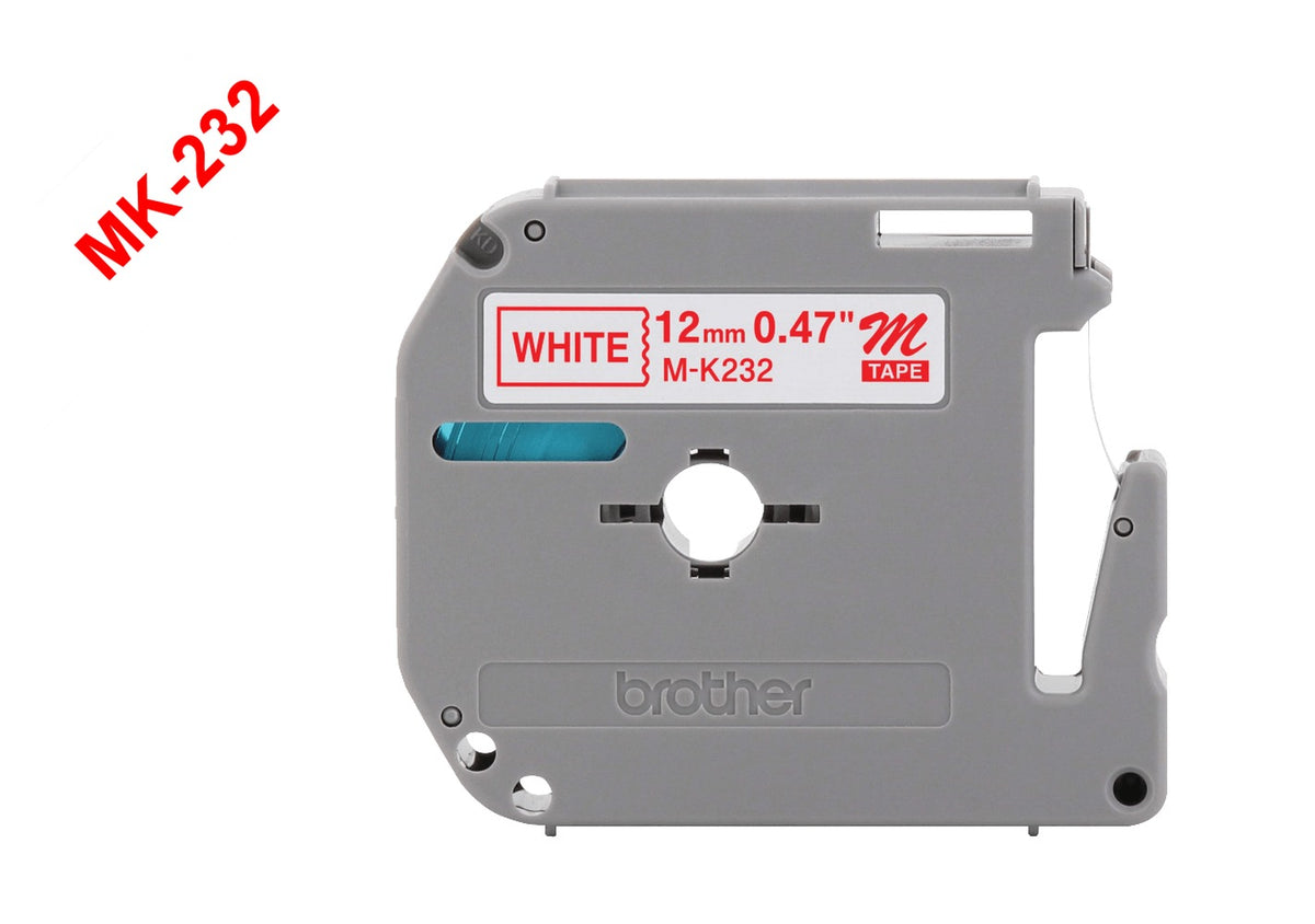 MK232 BROTHER Cartucho de Cinta de 12mm, Impresión Roja sobre Base Blanca, 8 metros para PT-90