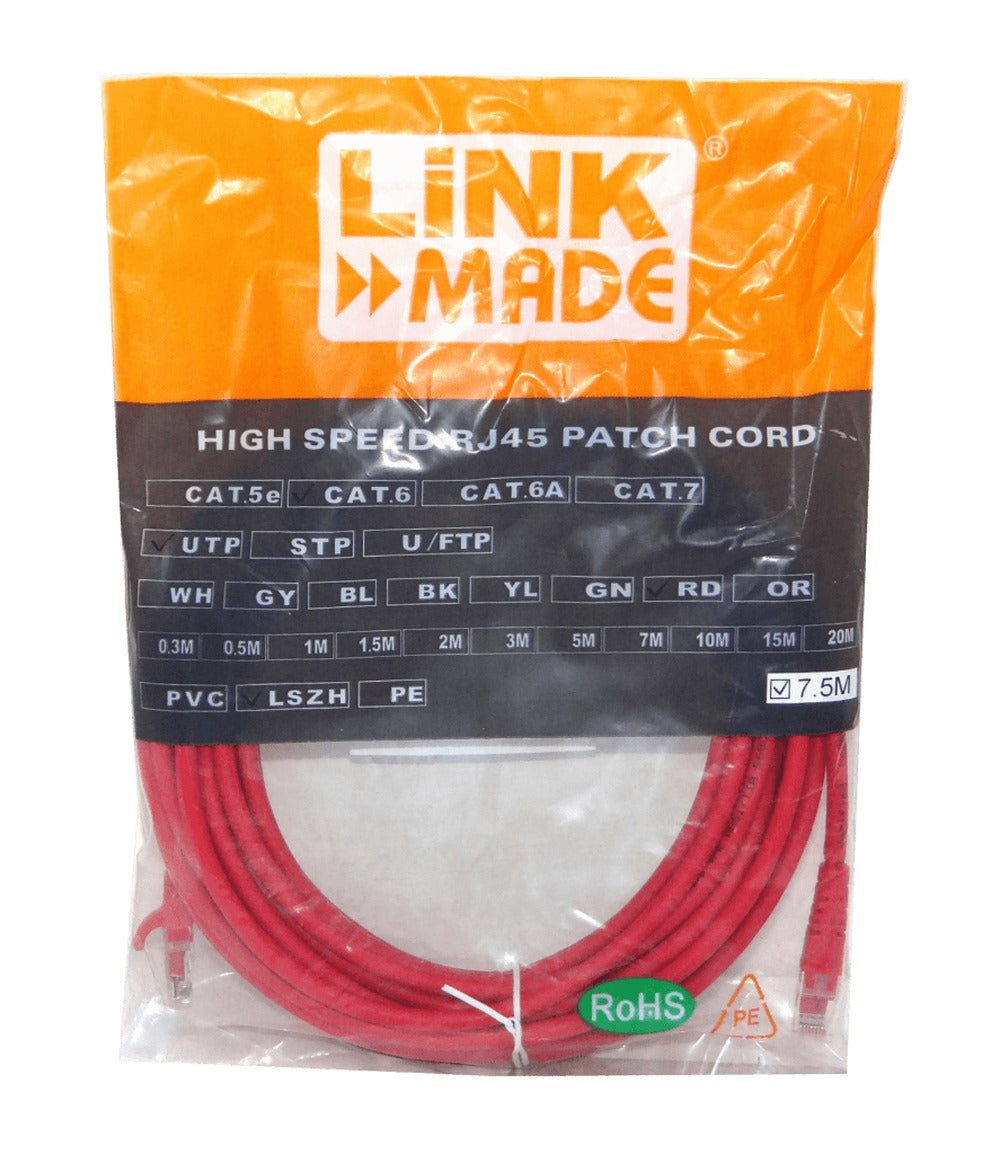CP6CR-75L LINKMADE Cable de Red Cruzado 7,5 metros Cat6 Rojo U/UTP Latiguillo CrossOver 568A/568B