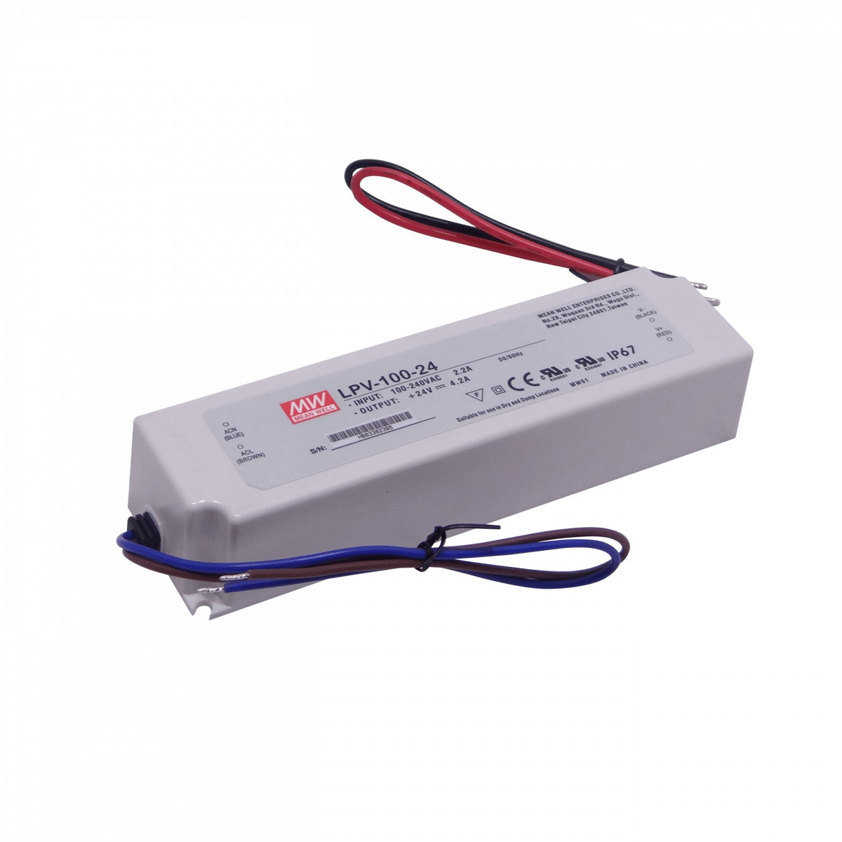 LPV-100-24 MEANWELL 24V 100,8W 4,2A 100-240VAC Fuente de Alimentación Plástica IP67 Sellada