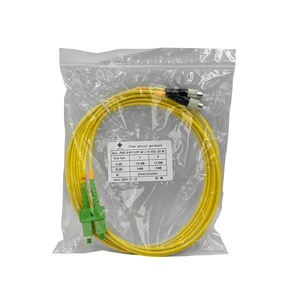 JFSAF3. Cable puente de fibra óptica monomodo dúplex de 3 metros con conectores SC/APC a FC/UPC, núcleo de 9/125 µm y cubierta de 3 mm