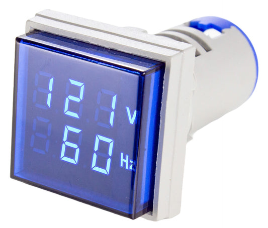 Indicador Digital de Tensión y Frecuencia 0-99HZ, 50-500VCA, 22mm, cuadrado - Verde