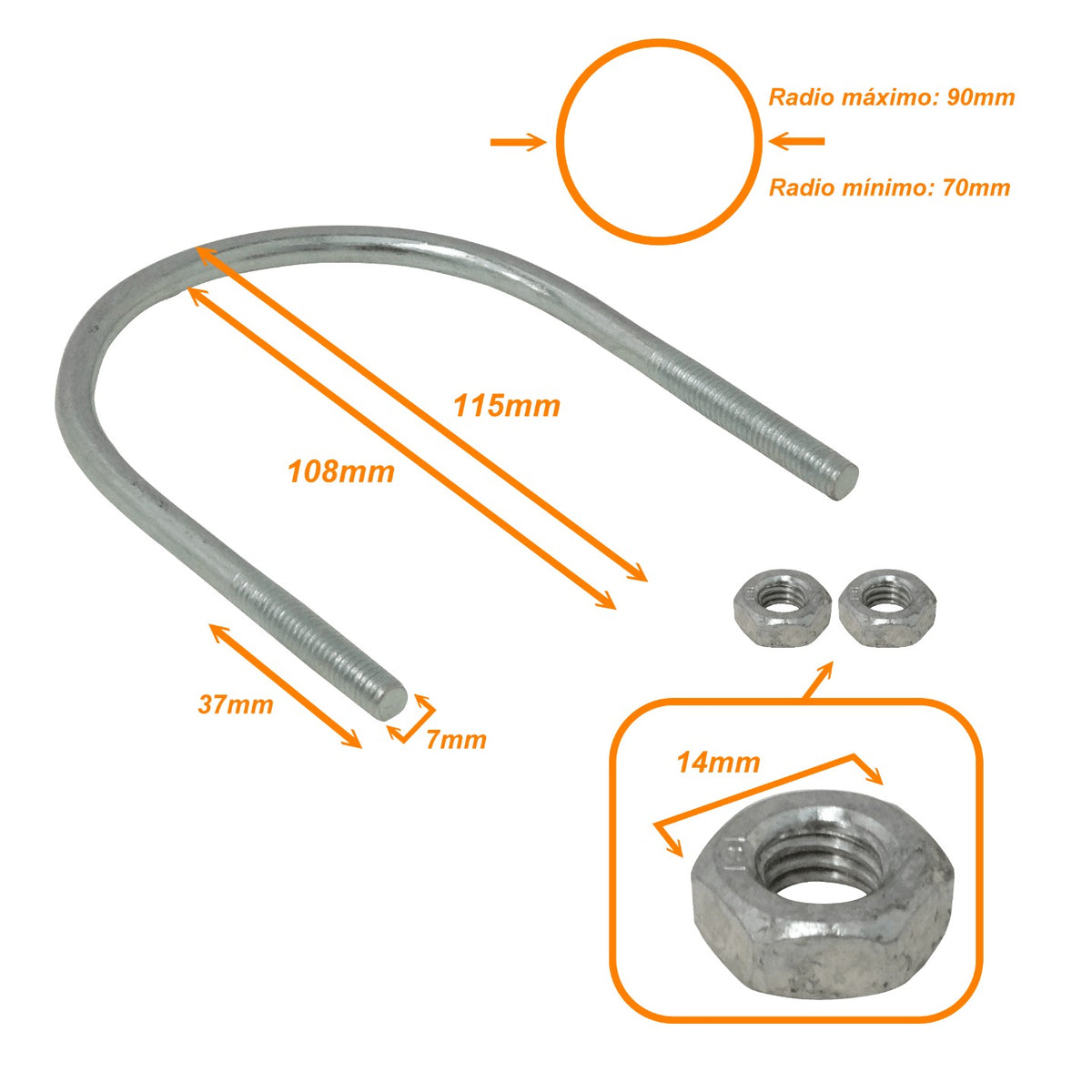 UDN-08 Sujetador 70-90mm Diámetro de Poste Tubular con 2 tuercas 14mm requiere pletina