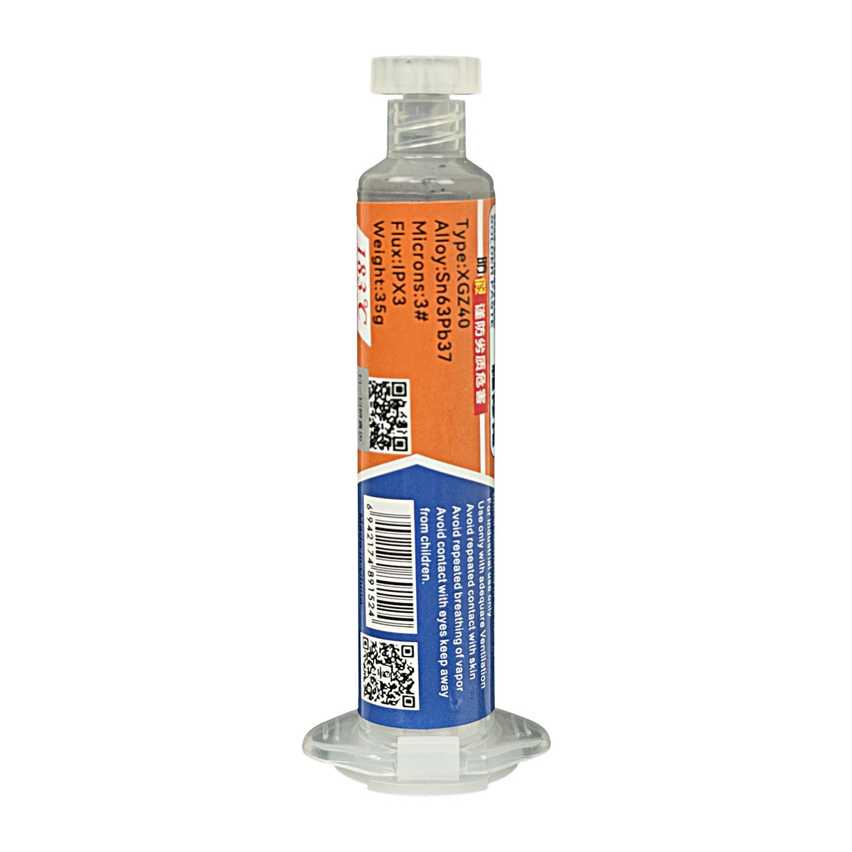 ESTA-PASTA Jeringa dispensadora de aleación para soldadura Composición estaño-plomo Sn63Pb37 Peso neto 35 gramos Punto de fusión 183 grados Celsius Tamaño de partícula 20 a 38 micrómetros Incluye dos puntas aplicadoras