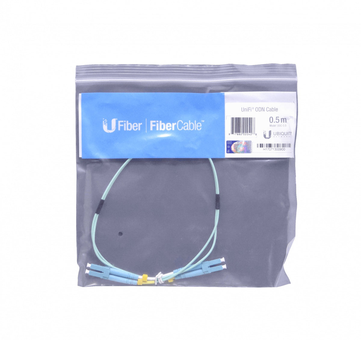 UOC-0.5. Cable de interconexión dúplex de fibra óptica multimodo UBIQUITI de 50 cm, con conectores LC a LC, núcleo de 50/125 µm, OM3 y cubierta de 2 mm.