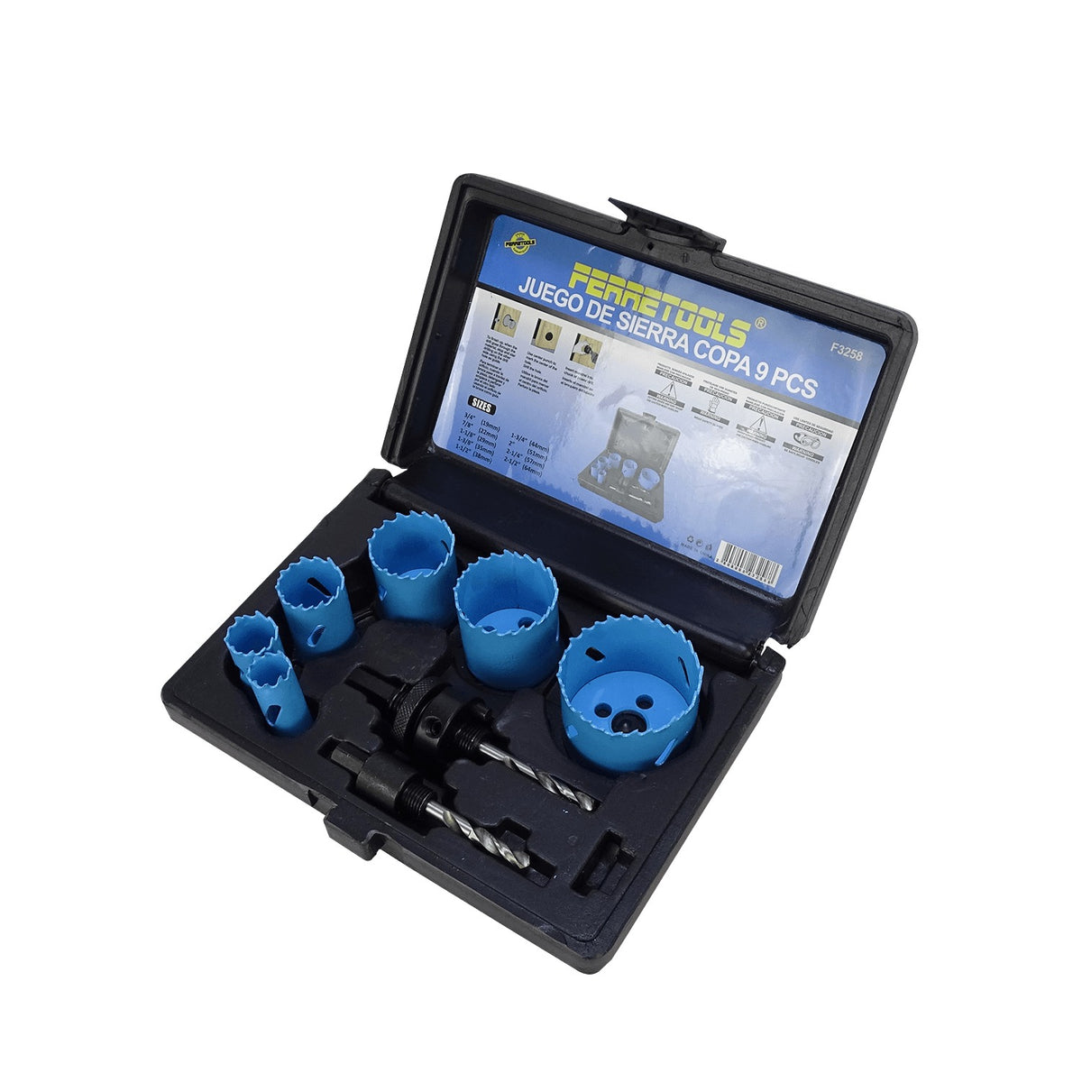 F3258 FERRETOOLS 6-Brocas Corona Madera 19-64mm 3/4-2 1/2pulg Set-9-unidades