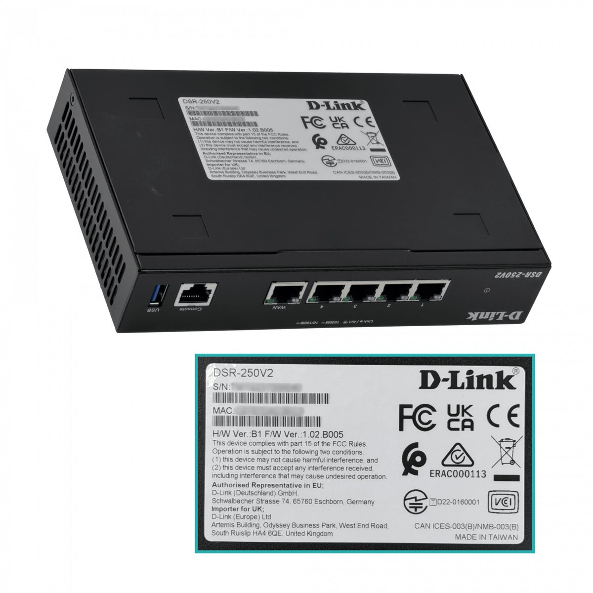 DSR-250V2 D-LINK 3 Puertos 1000Base-T 1-WAN 1-Puerto de Configuración Consola-RJ45 USB IPS Enrutador incluye 12V/1,5A