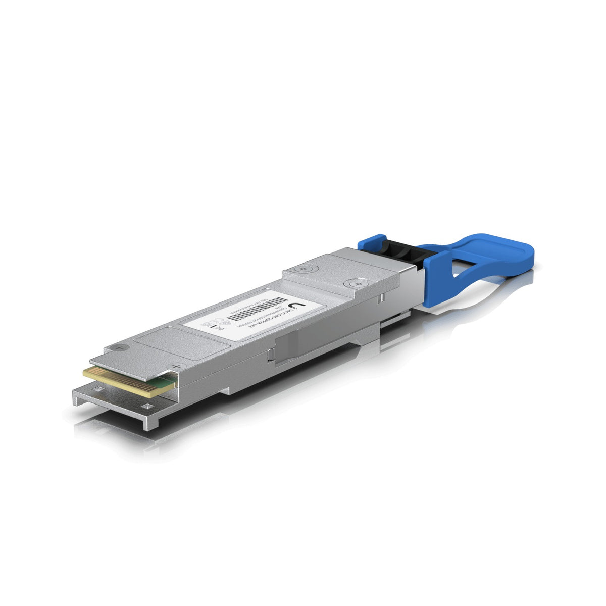 100G-10K. Módulo Ubiquiti QSFP28 de 100G con 2 conectores LC, alcance 10 km sobre fibra monomodo, longitudes de onda 1295-1309 nm para recepción/transmisión, referencia UACC-OM-QSFP28-LR4.