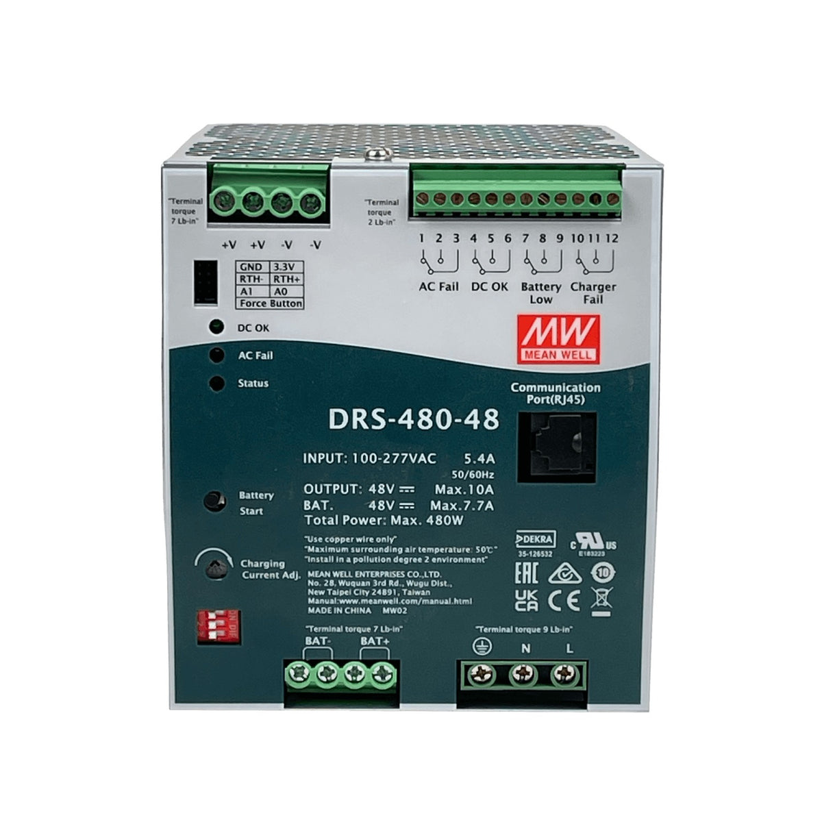 DRS-480-48 MEANWELL 48VDC 10A 480W 10-100AH RJ45 Anch-110mm req/100-277V Riel-DIN