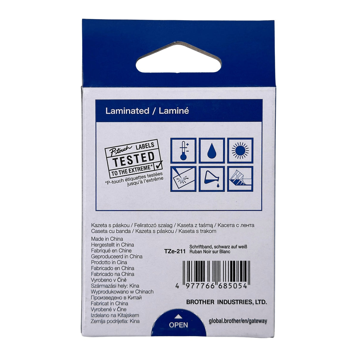 TZE-211 BROTHER 6mm Negro sobre Fondo Blanco Cinta 8mt para PT-H110/E300/E550/D600