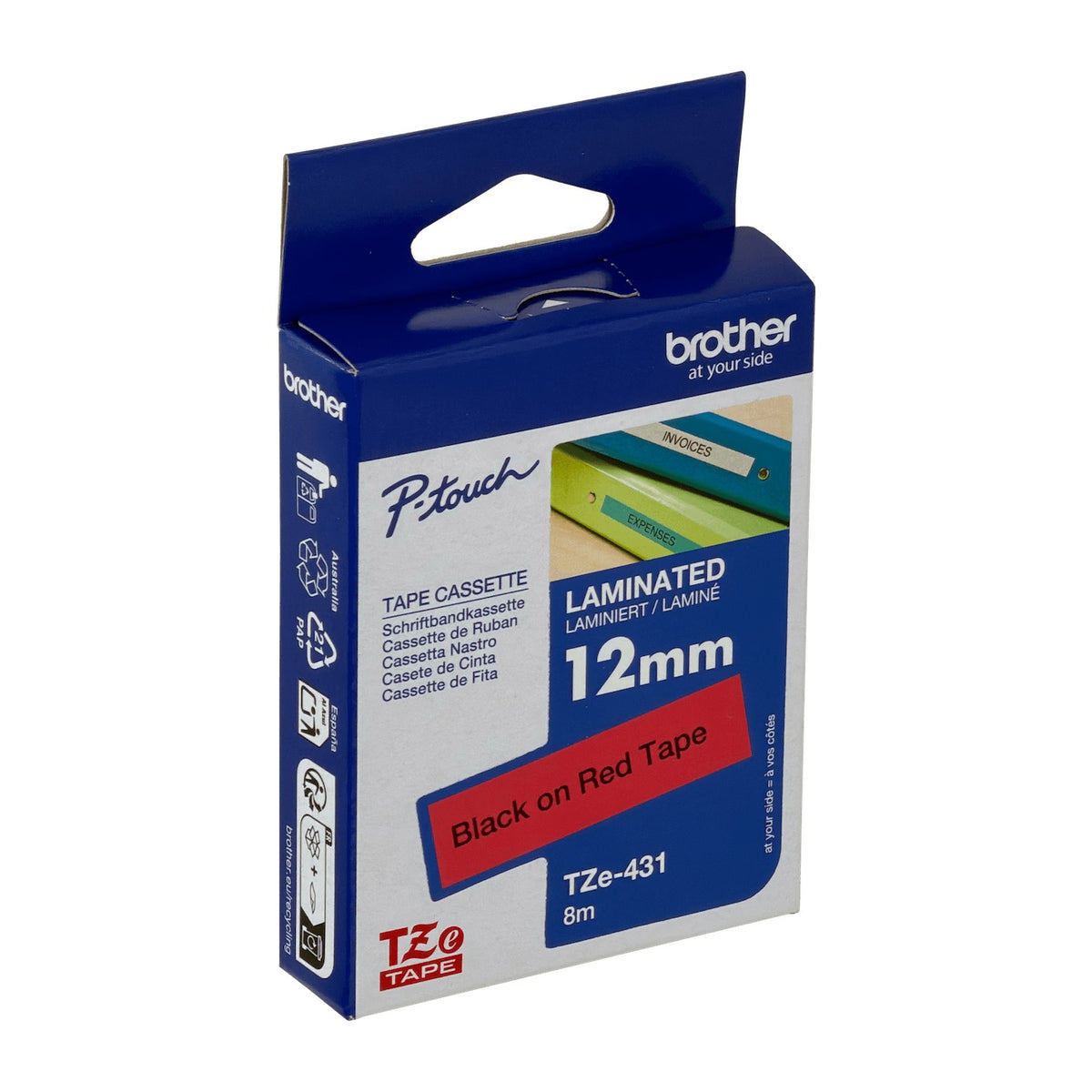 TZE-431 BROTHER Cinta laminada 12mm Texto negro sobre fondo rojo 8 metros Para equipos PT-H110/E300/E550/D600