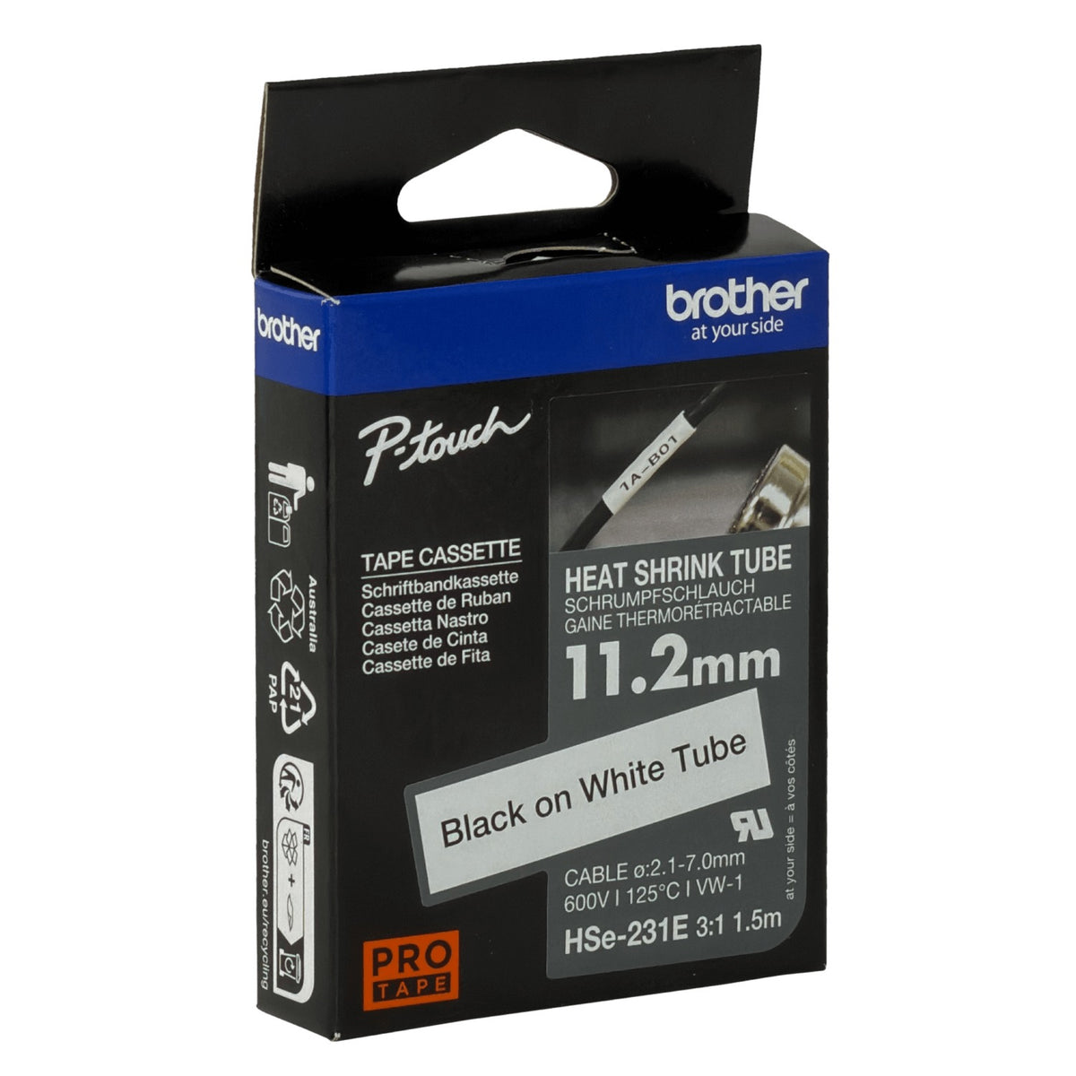 HSE-231E BROTHER Cinta termocontraíble de 11,2 mm, relación 2,1-7,0 mm, color negro sobre blanco, longitud 1,5 metros