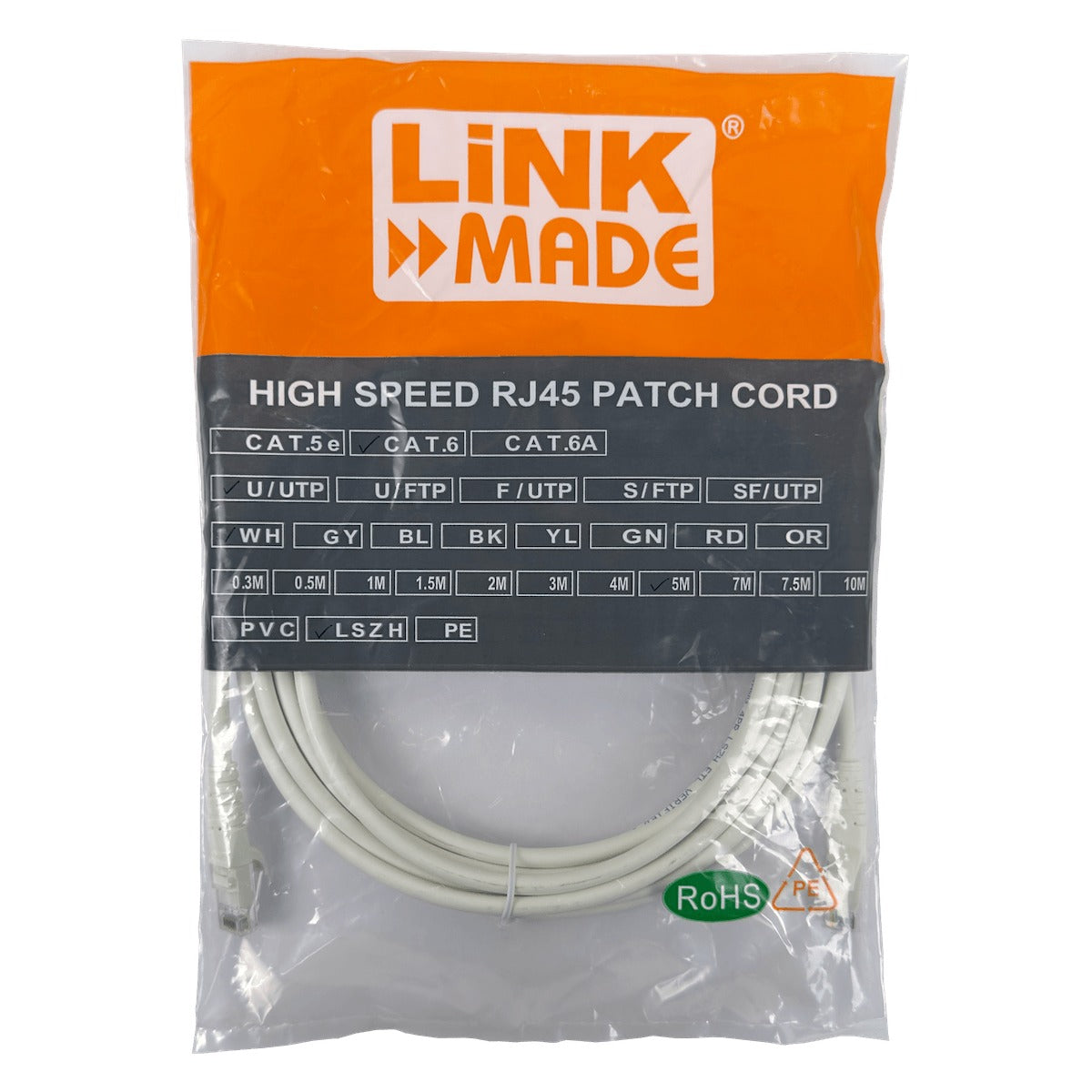 CP6W-50L LINKMADE Cable de conexión multifilar Cat6 U/UTP de 5 metros, color blanco, con cubierta LSZH e inyectado