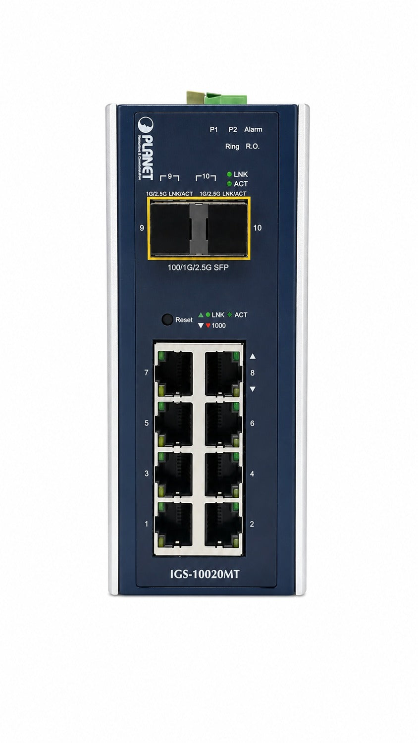 Switch Gigabit Administrado Industrial de 8 Puertos 10/100/1000T + 2 Puertos 1G/2.5G SFP (-40~75 Grados C)