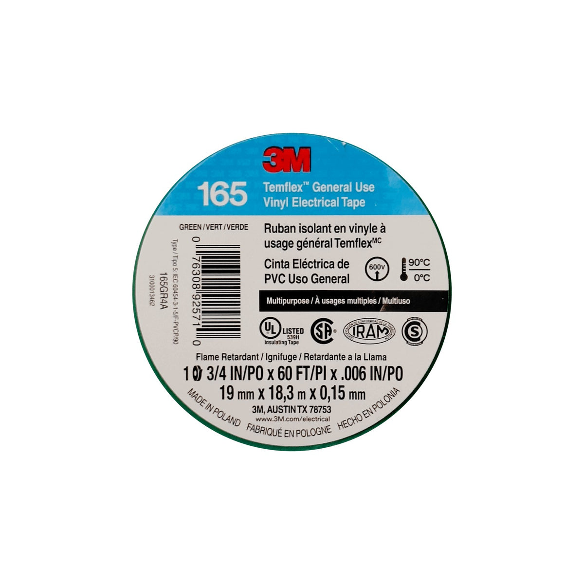 TEMFLEX-18V 3M 18 metros 165 Verde Cinta Aislante Eléctrica PVC 19mm 0,15mm 600V 0-90ºC