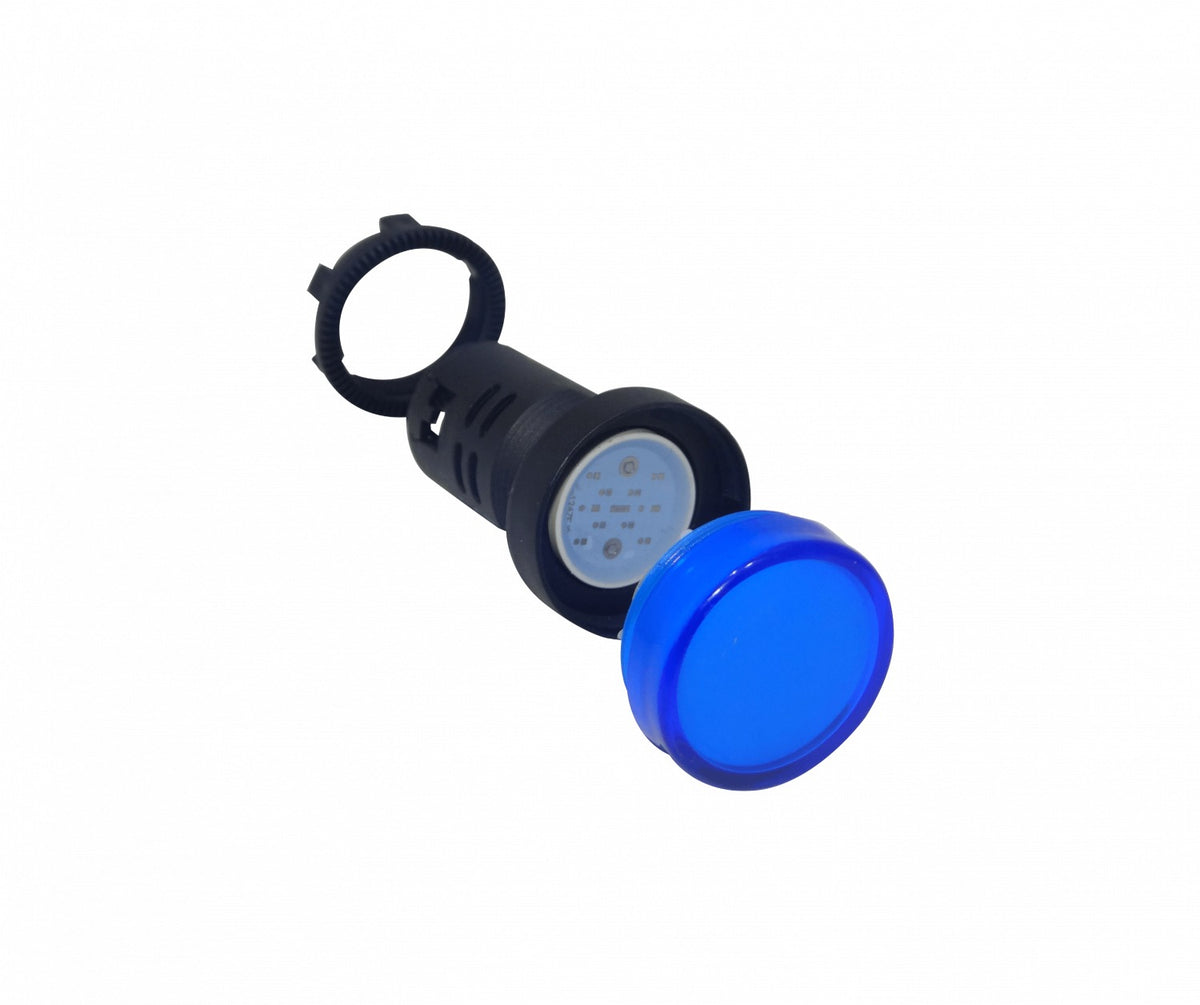 PILOTO-LED-A Indicador Luminoso Piloto LED Color Azul, Tensión 220VAC, Diámetro de Montaje 20mm, Diámetro de Cabeza 28mm, Altura Total 51mm