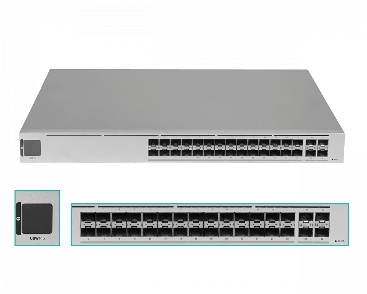 USW-PRO-AGGREG-LIQ Switch de agregación UBIQUITI de segunda mano UniFi con 4 puertos SFP28 y 28 puertos SFP+ de 10G para montaje en rack con administración de capa 3 y alimentación de 100 a 240 V