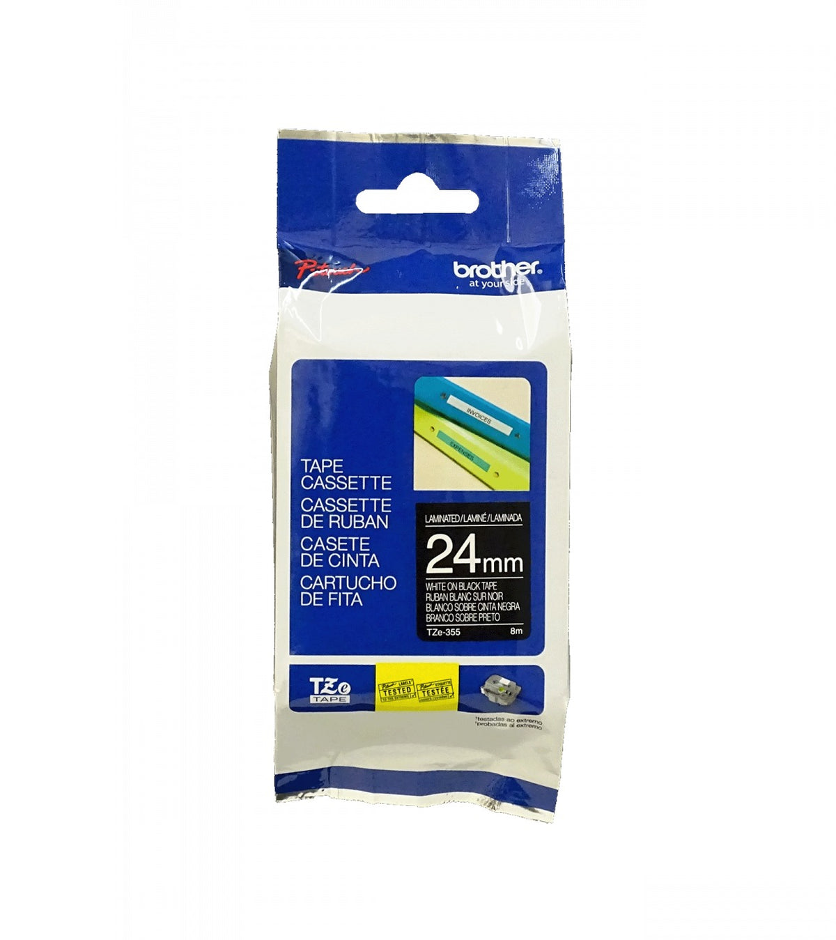 TZE-355 Cinta de 24 mm de ancho para etiquetadora BROTHER, impresión blanca sobre fondo negro, longitud 8 m, compatible con PT-E550WVP/D600VP/P900W