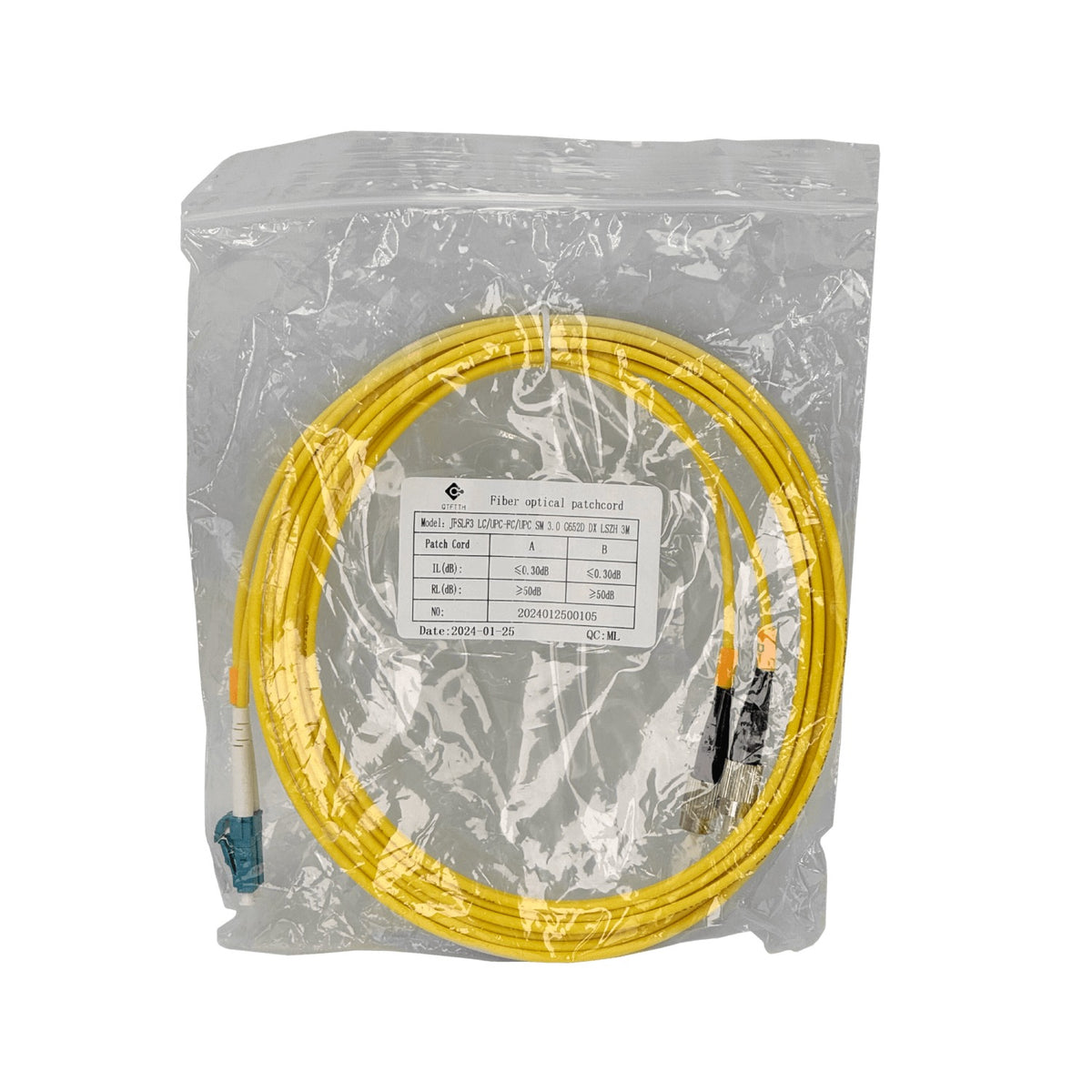 JFSLF3. Cable puente de fibra óptica monomodo SM dúplex de 3 metros con conectores LC a FC, núcleo de 9/125 µm y cubierta LSZH (libre de halógenos)
