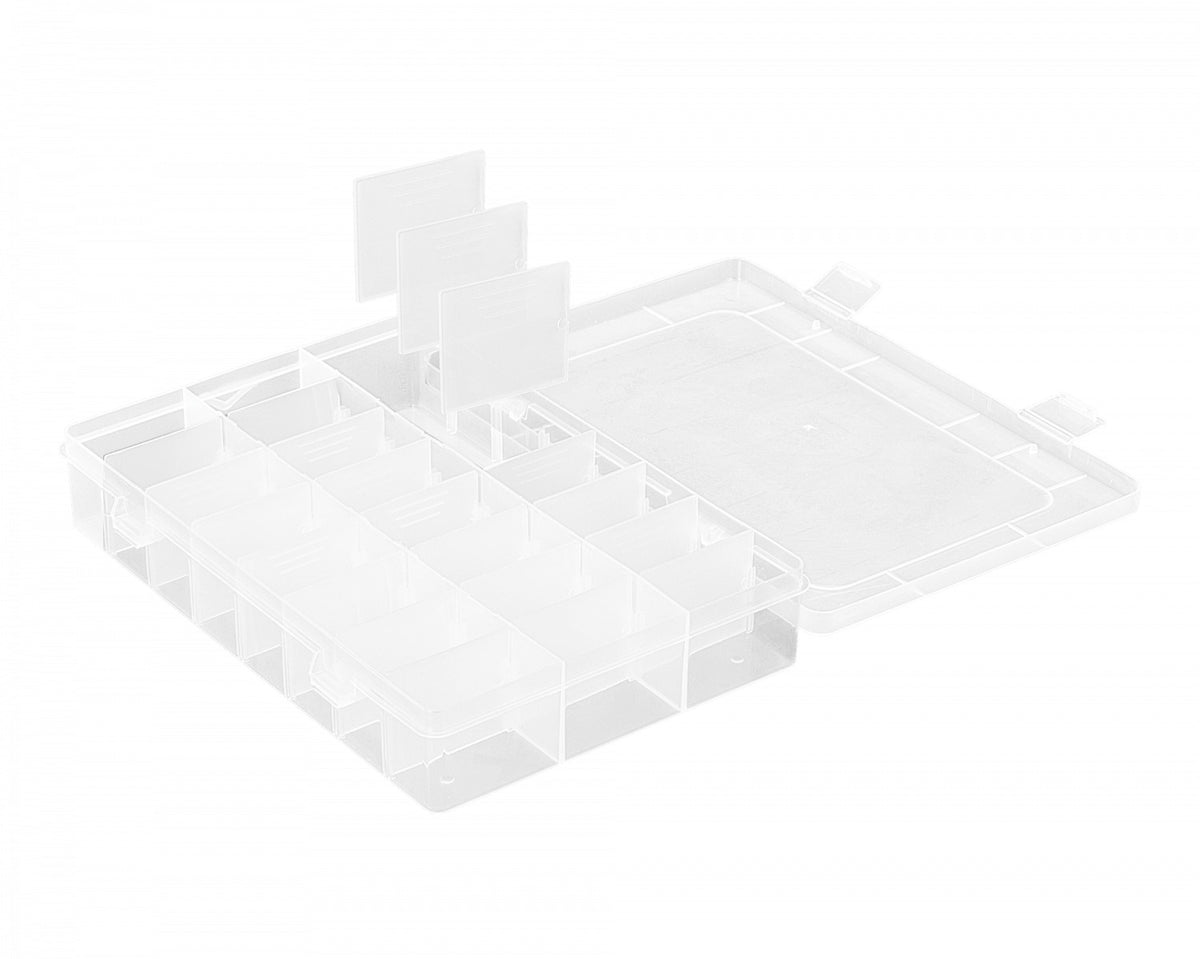 PLA-224 CAJA ORGANIZADORA TRANSPARENTE CON TAPA, 24 COMPARTIMENTOS MODULARES, 190x125x35mm