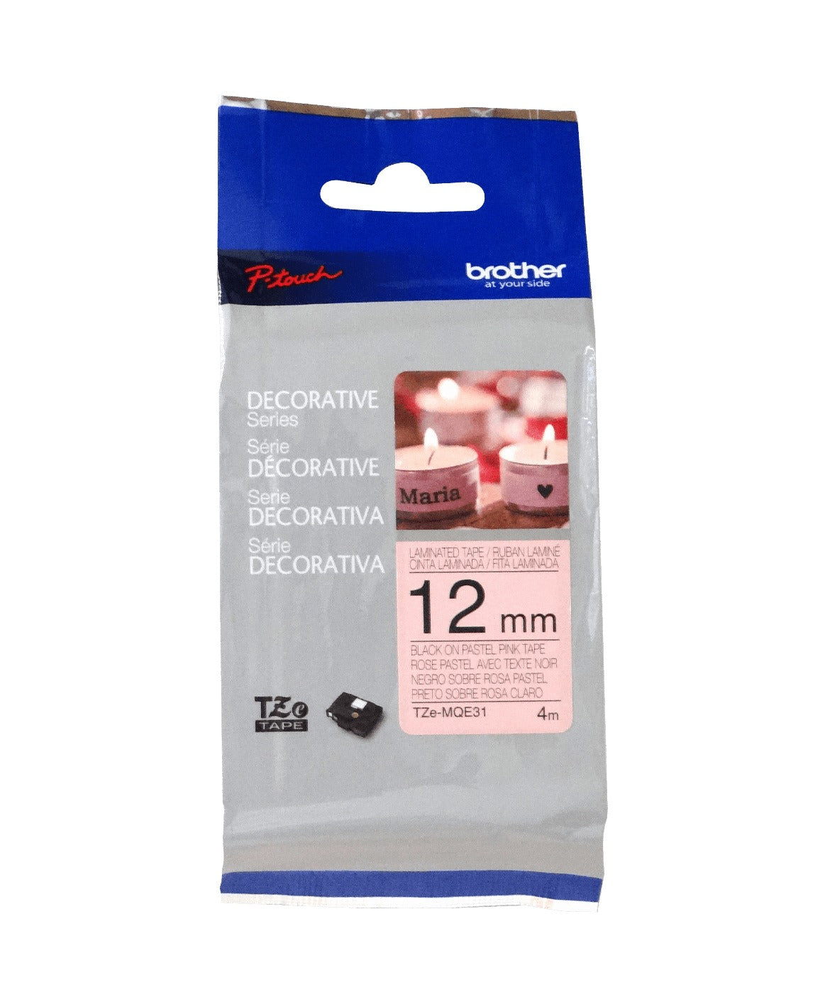 TZE-MQE31 BROTHER 12mm Negro sobre Fondo Rosa Claro Cinta 4m para PT-H110/E110/H200
