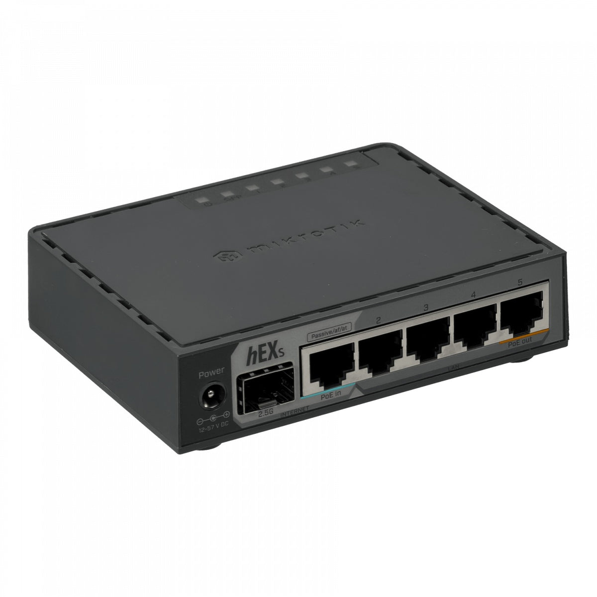 HEX S MIKROTIK 1 puerto SFP 2.5 Gbps, 5 puertos 10/100/1000 (1 con PoE), 2 cadenas 950 MHz, 256 MB, ranura microSD, USB, licencia nivel 4, incluye fuente 24V