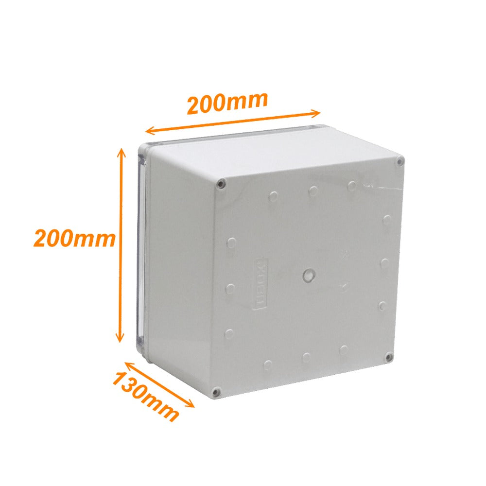 AT-2020 Caja de ABS 200x200x130mm con grado de protección IP66, cubierta transparente y panel de aluminio