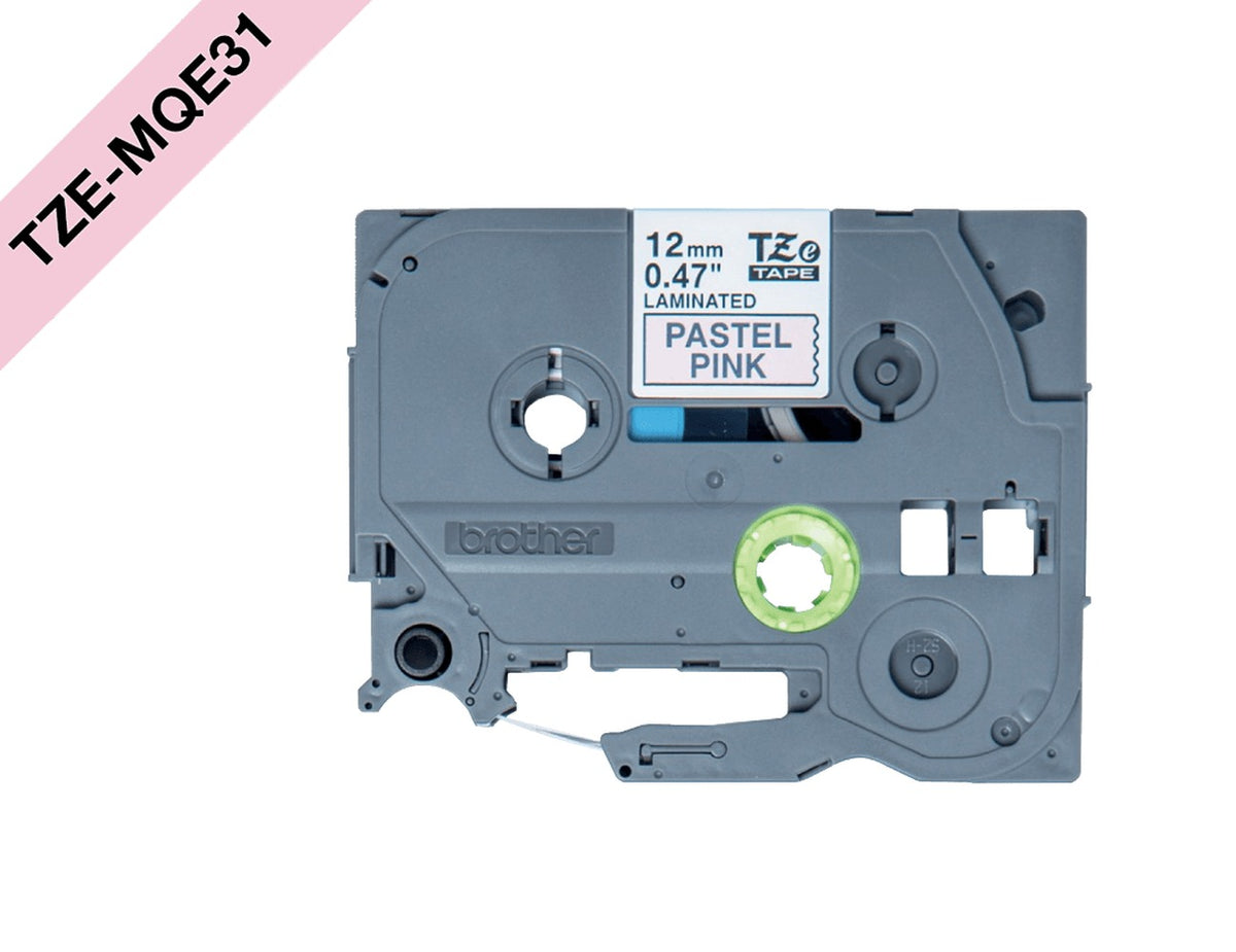 TZE-MQE31 BROTHER 12mm Negro sobre Fondo Rosa Claro Cinta 4m para PT-H110/E110/H200