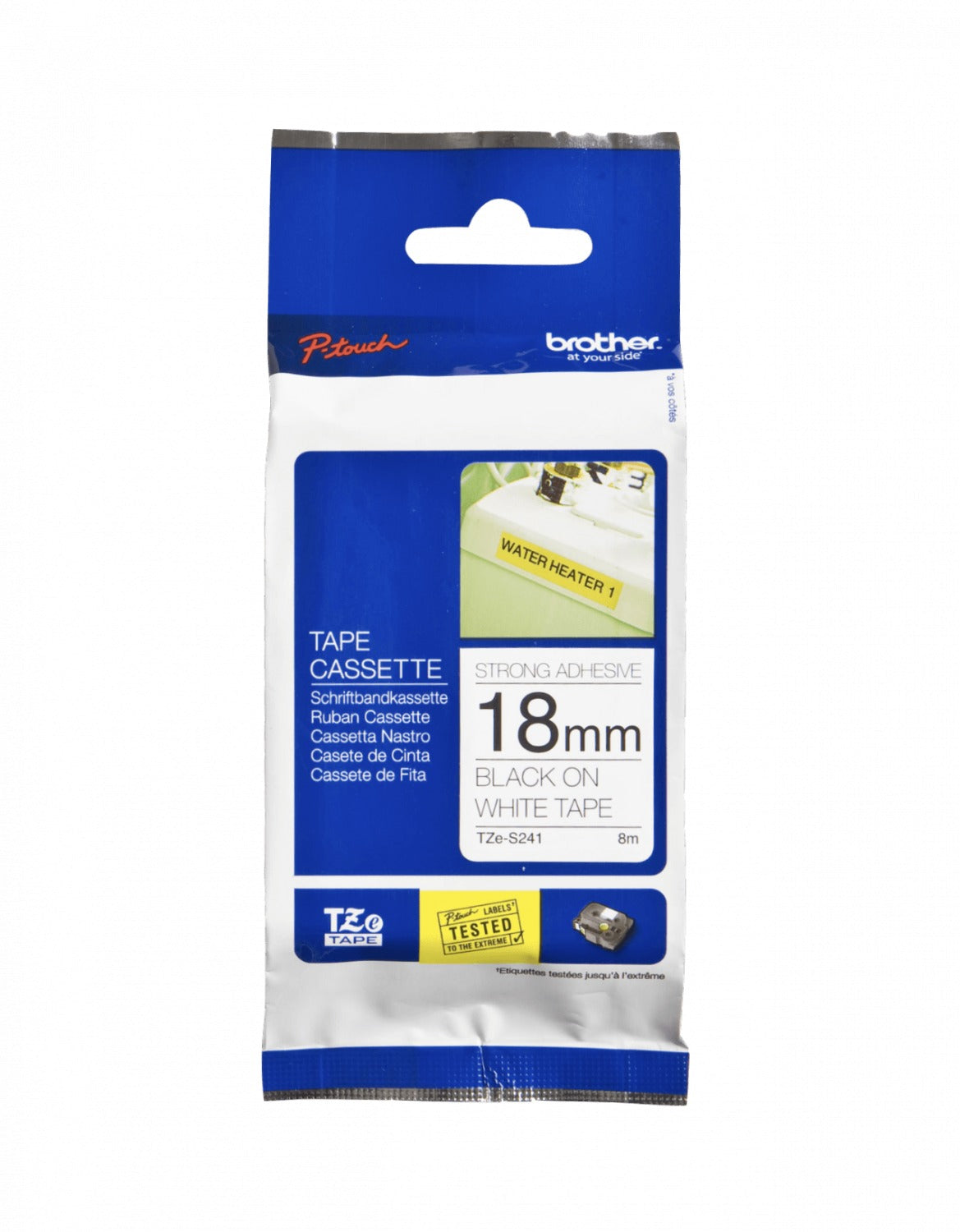 TZE-S241 Cartucho de cinta BROTHER de 18 mm con impresión negra sobre fondo blanco, longitud de 8 metros, compatible con PT-E300VP y adhesivo reforzado