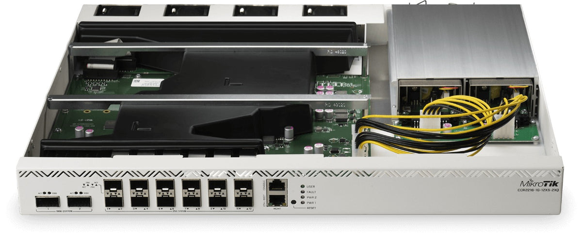 CCR2216-1G-12XS-2XQ Enrutador MIKROTIK con 2 puertos QSFP28 de 100G, 12 SFP28, 1 gestión 1000Base-T, licencia L6, doble fuente 220 VAC, requiere cables C13