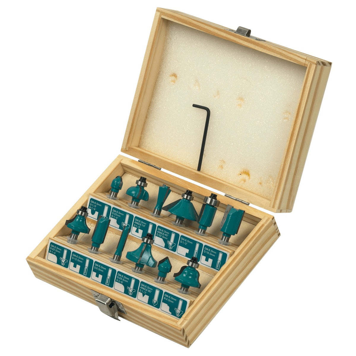 FRE-12 TOTAL Estuche de 12 Brocas para Carpintería Diámetro 6mm Compatible con Fresadora FRE-600 Referencia TACSR0121