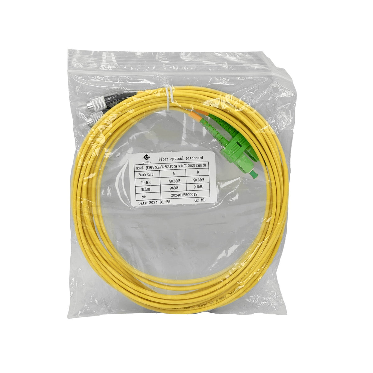 JFSAF5. Cable puente de fibra óptica monomodo SM dúplex de 5 metros, conectores SC/APC a FC/UPC, núcleo de 9/125 µm y cubierta de 3 mm.