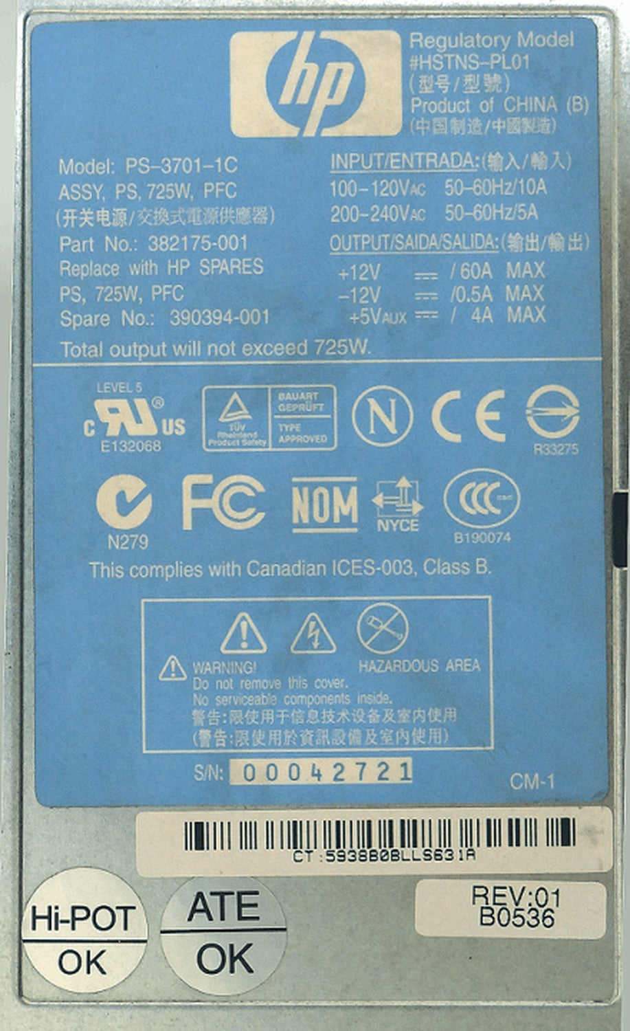 382175-001 HP 725W Fuente de Alimentación para Servidor ML350G4