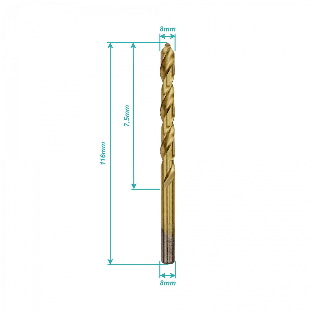 BROCA-8T Broca escalonada de acero rápido con recubrimiento de titanio, 8mm x 116mm