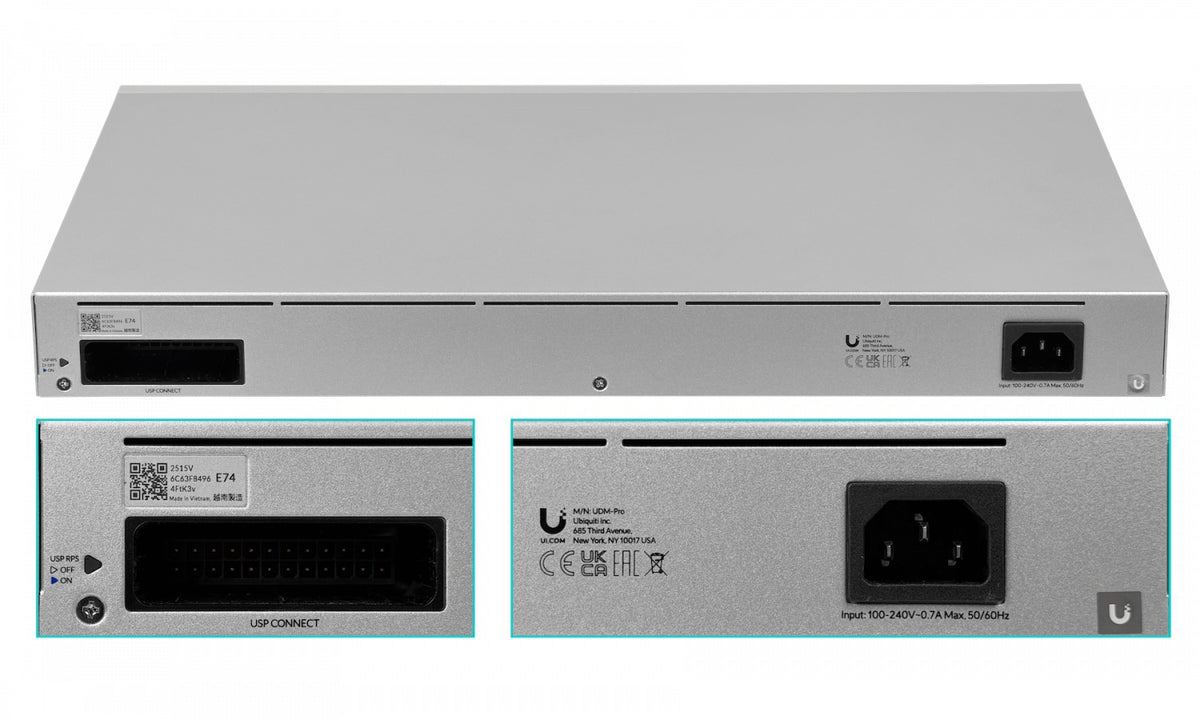 UDM-PRO. Controlador UniFi Cloud Gateway de 1U para rack, alimentación 240VAC/USP, con 2 puertos WAN y 2 puertos SFP+ de 10G, interfaz 9-1000, modelo UDM-PRO-EU de UBIQUITI