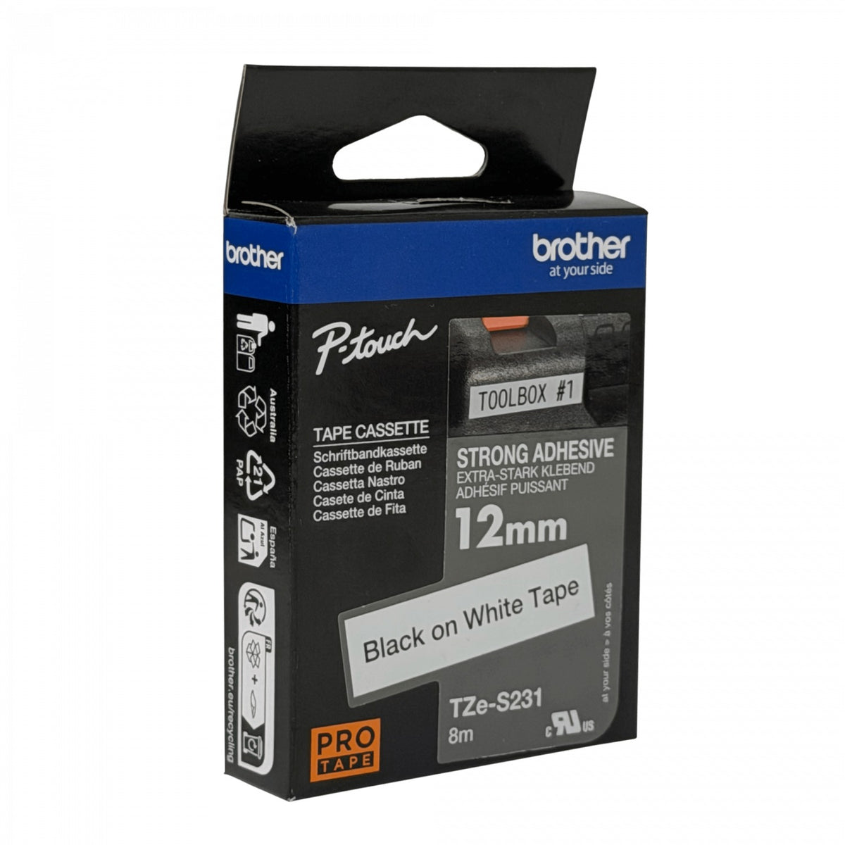 TZE-231 BROTHER 12mm Negro sobre Fondo Blanco Cinta 8mt para PT-H110/E300/E550
