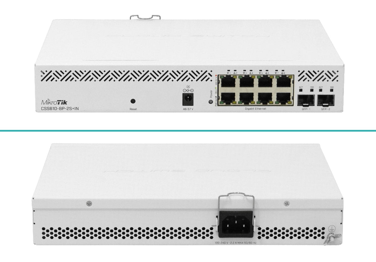 CSS610-8P-2S+IN-LIQ. DE SEGUNDA MANO MIKROTIK 8 puertos 1000 Mbps PoE 140 W totales 2 ranuras SFP+ 10G Conmutador para bastidor 100-240 VCA 48