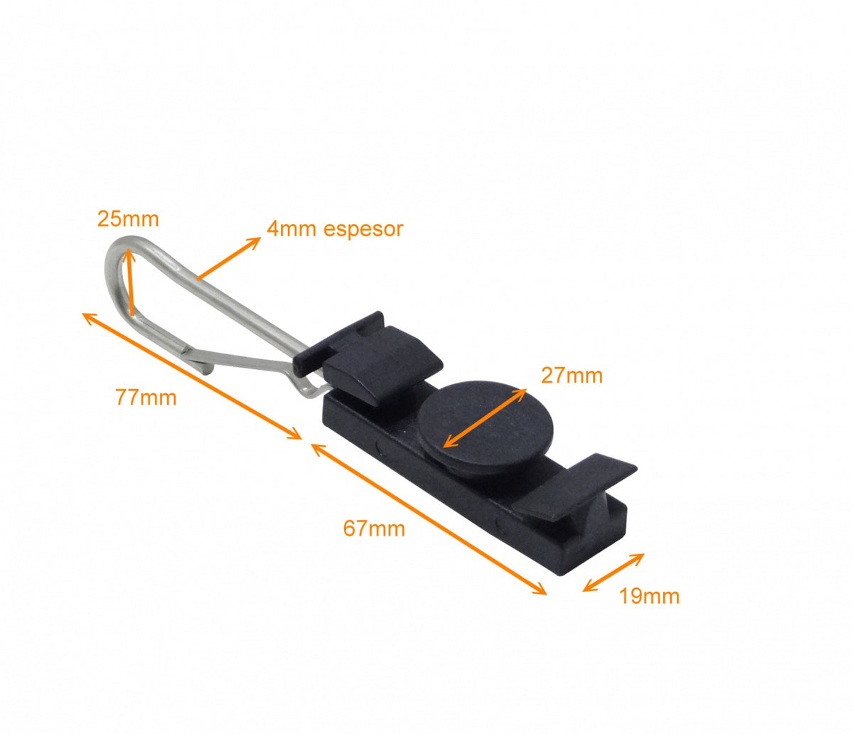 FTTH-DROP Gancho Metálico 77x25x4mm Sujeción Plástica 67x28x17mm p/Cable Fibra Drop