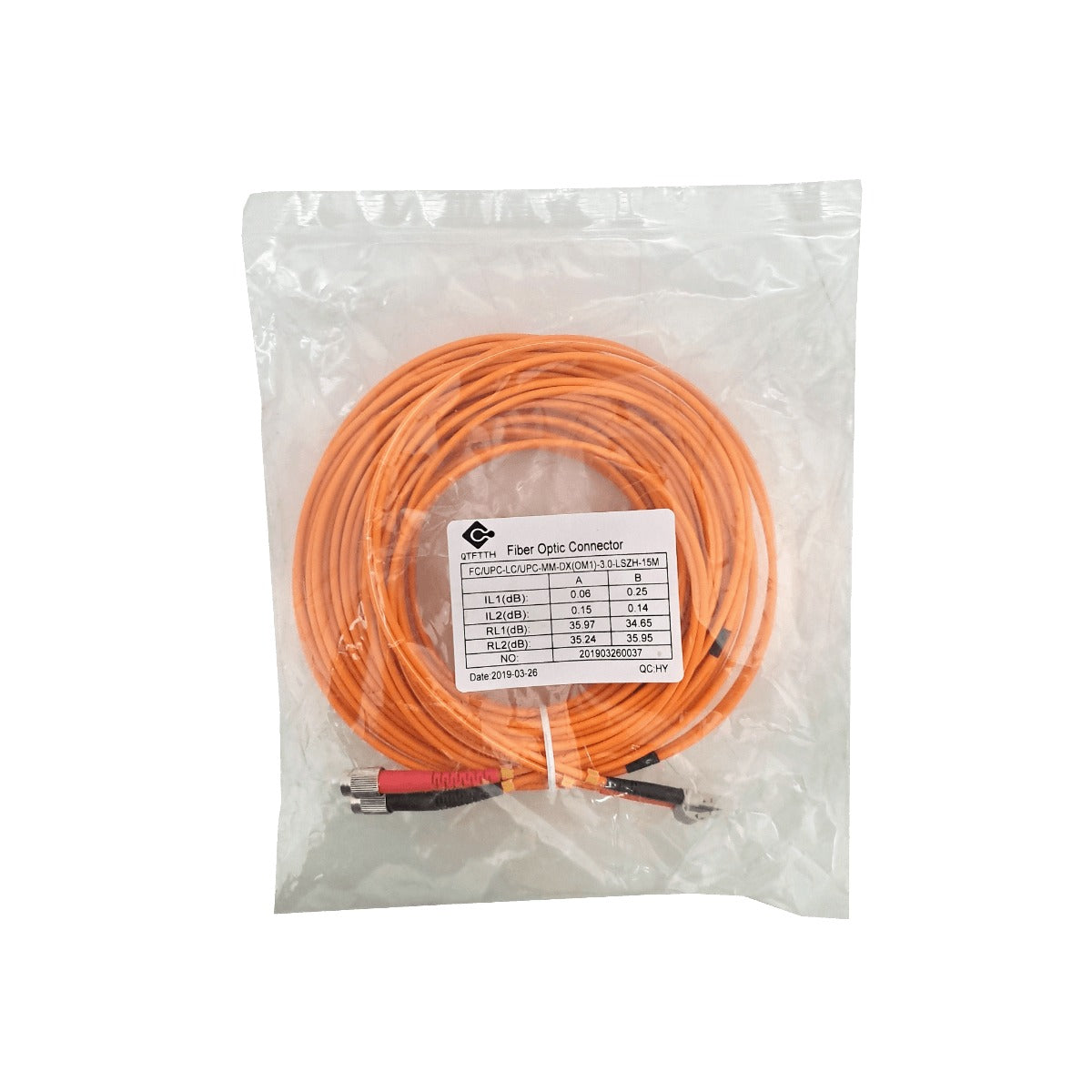JFMLF15 Jumper de fibra óptica dúplex multimodo OM1 de 15 metros, conectores LC a FC, núcleo/revestimiento 62.5/125 µm, cubierta LSZH
