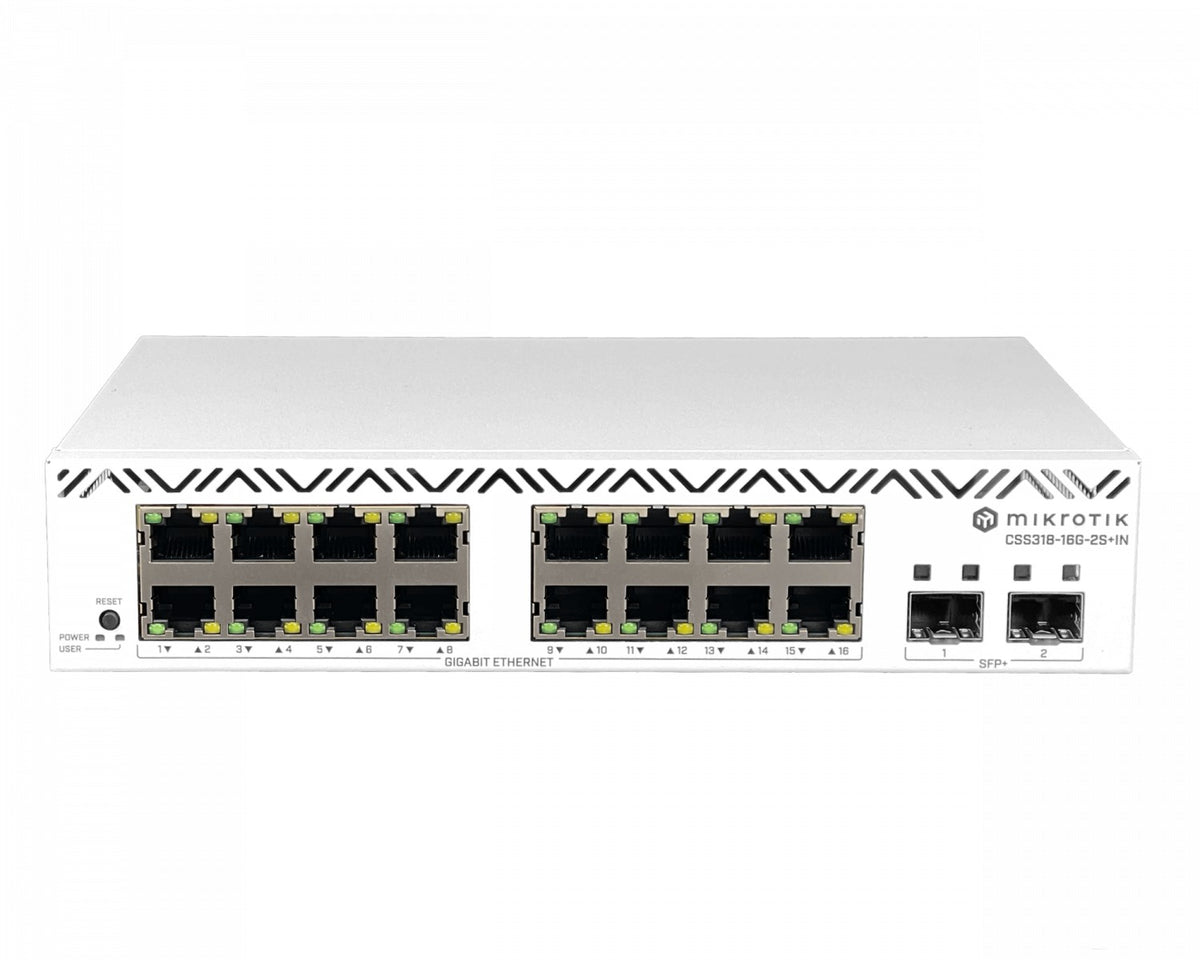 CSS318-16G-2S+IN MIKROTIK Conmutador de 16 puertos 1000Mbps, 2 ranuras SFP+ de 10Gbps, sistema SwOS Lite, montaje en bastidor, alimentación 100-240V, requiere cable C5